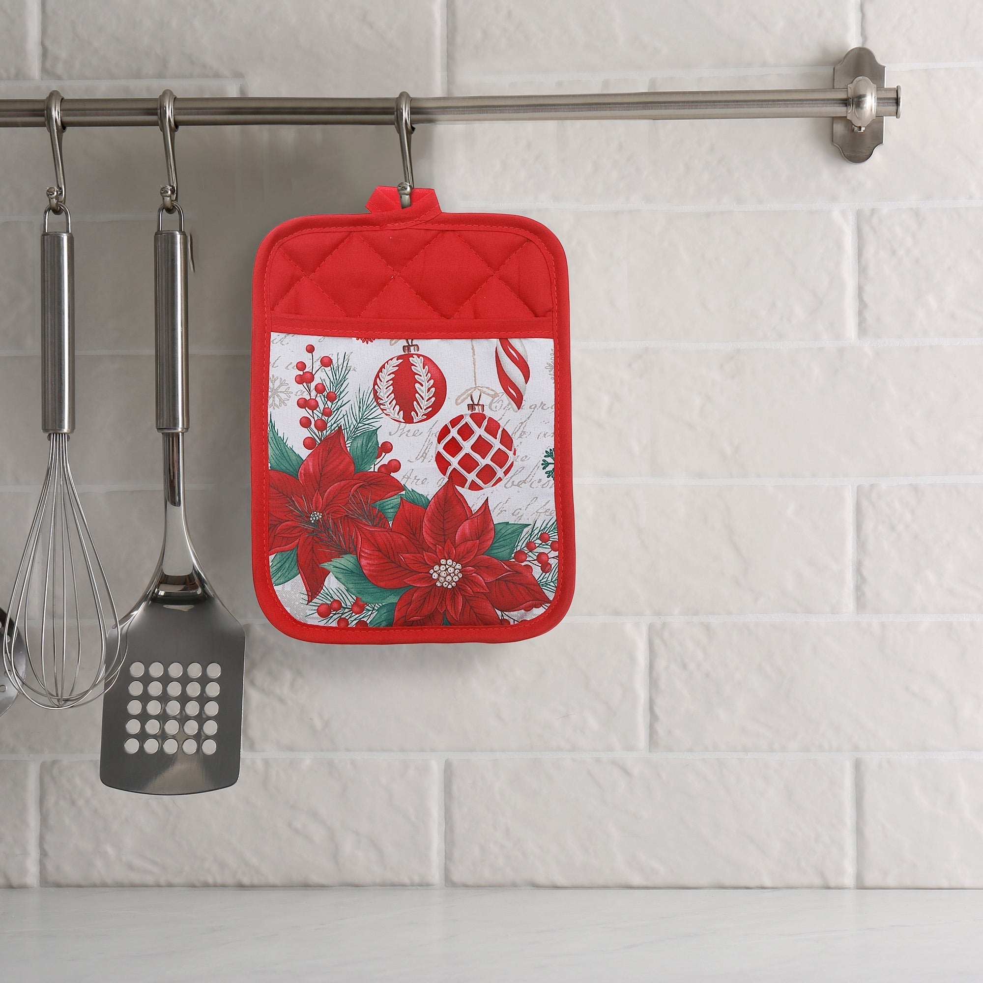 Pot Holder with Pocket Set of 6 Poinsettia with Ornaments – Christmas Kitchen Linens, Holiday Cooking Accessory, Festive Hot Pad