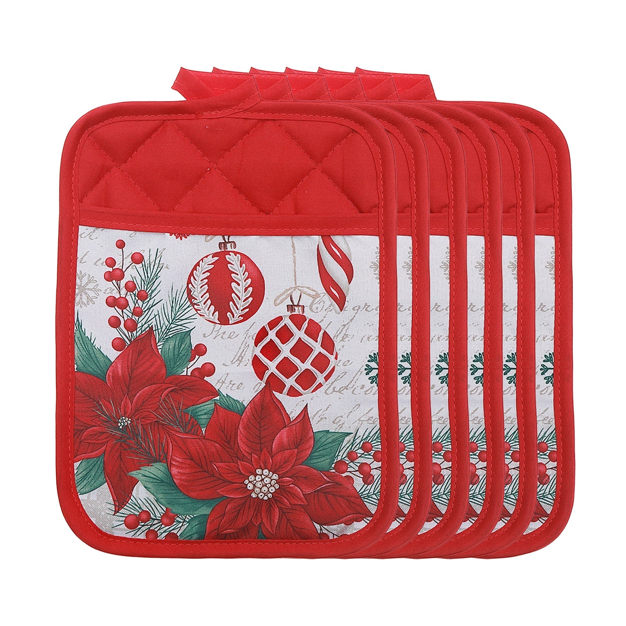 Pot Holder with Pocket Set of 6 Poinsettia with Ornaments – Christmas Kitchen Linens, Holiday Cooking Accessory, Festive Hot Pad