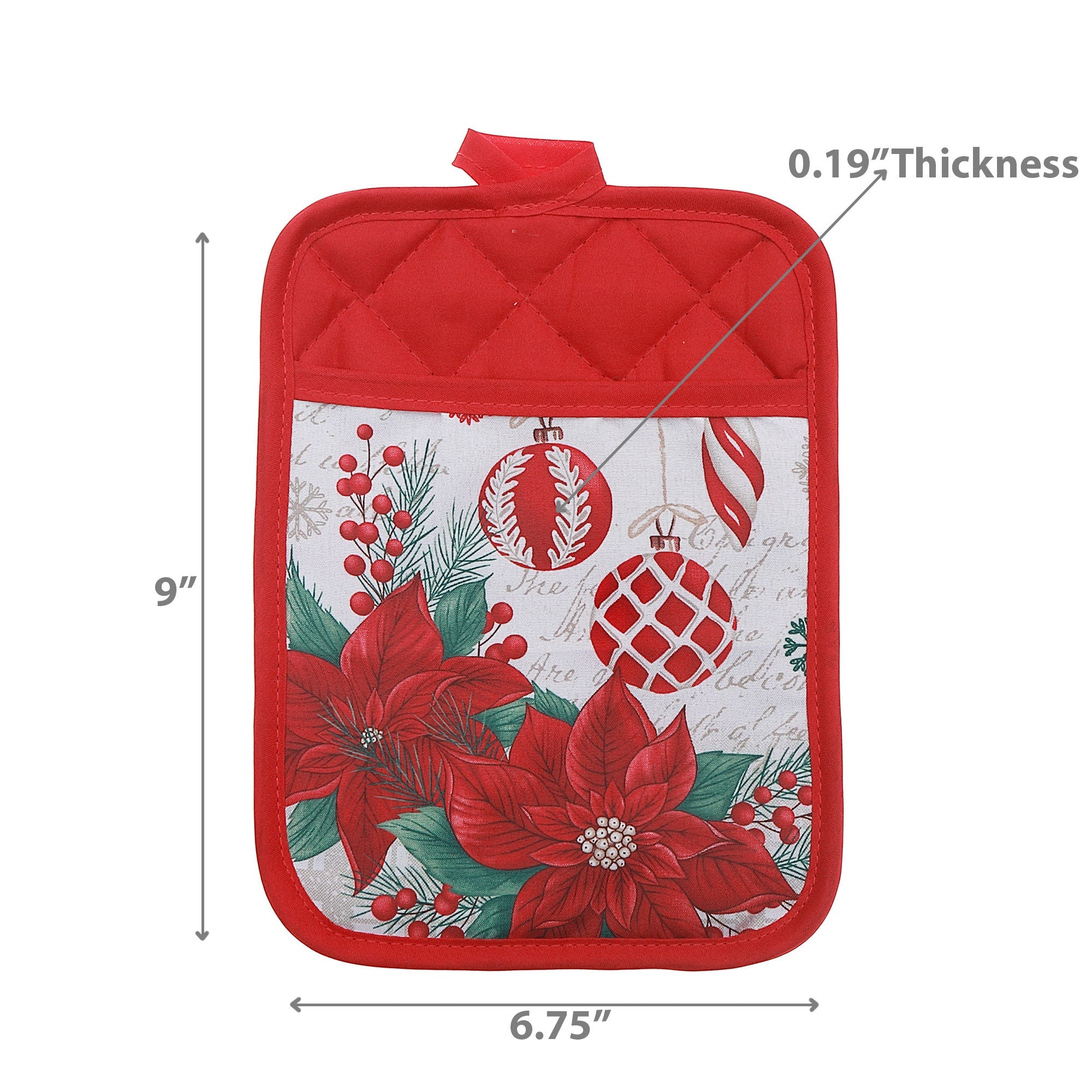 Pot Holder with Pocket Set of 6 Poinsettia with Ornaments – Christmas Kitchen Linens, Holiday Cooking Accessory, Festive Hot Pad