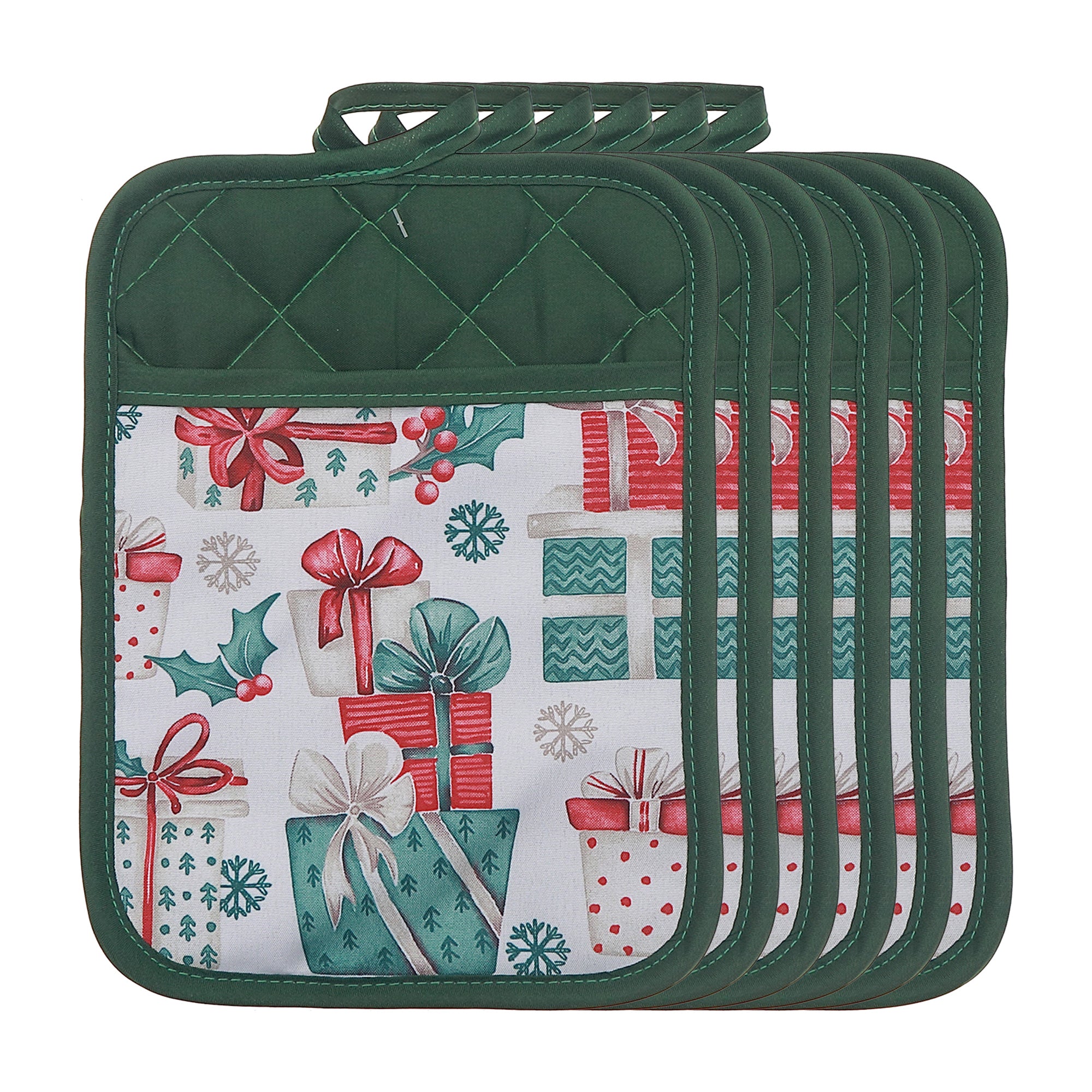 Pot Holder with Pocket Set of 6 Presents – Christmas Kitchen Linens, Holiday Cooking Accessory, Festive Hot Pad