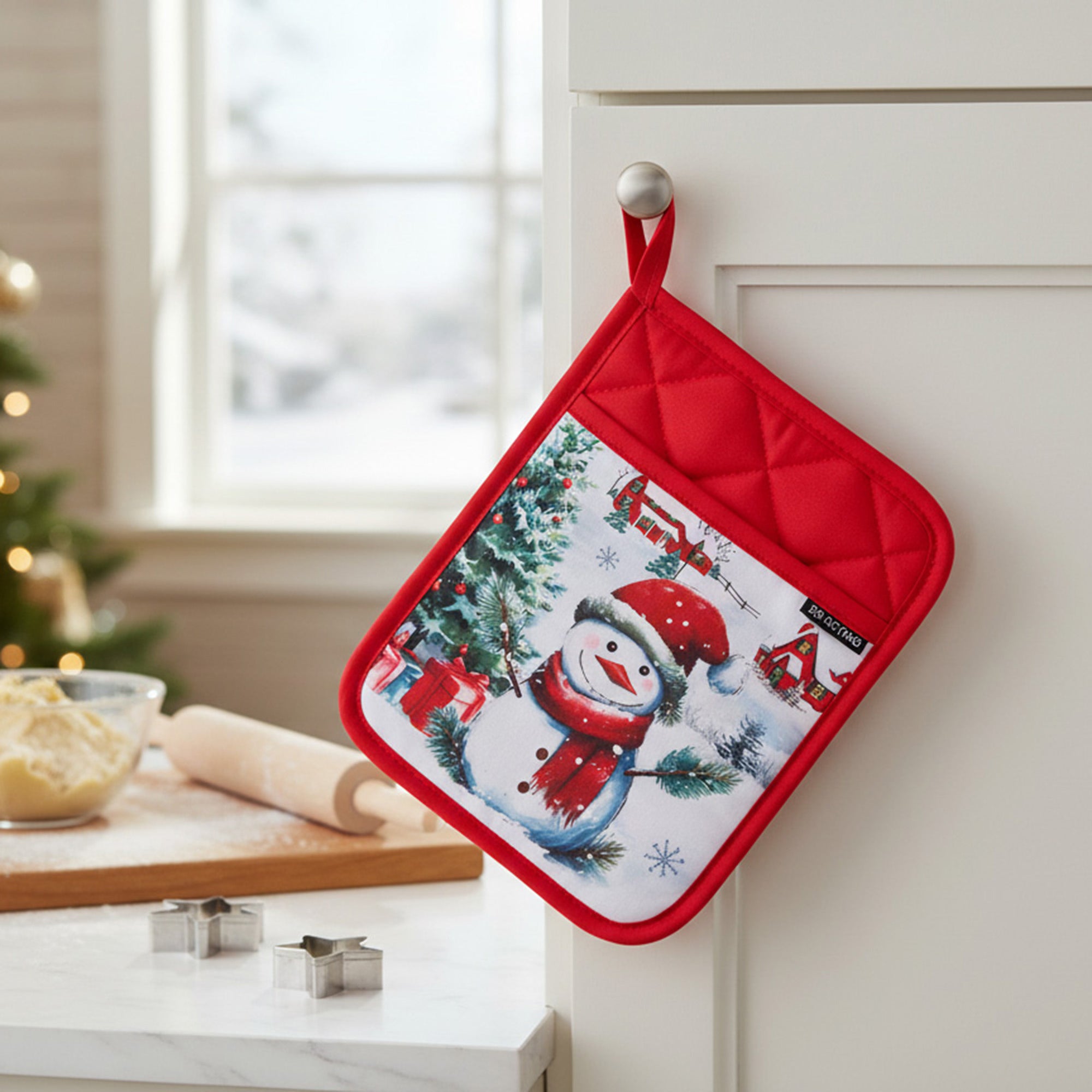 Pot Holder with Pocket Snowman with Tree, Christmas, Pot Holder, Holiday Decor- Set of 6