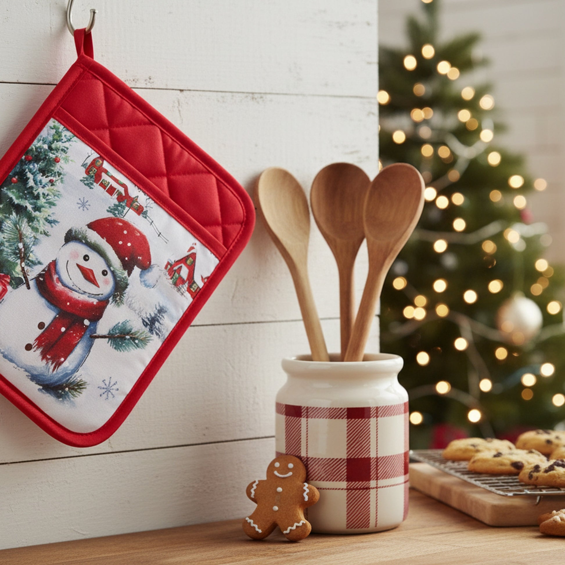 Pot Holder with Pocket Snowman with Tree, Christmas, Pot Holder, Holiday Decor- Set of 6