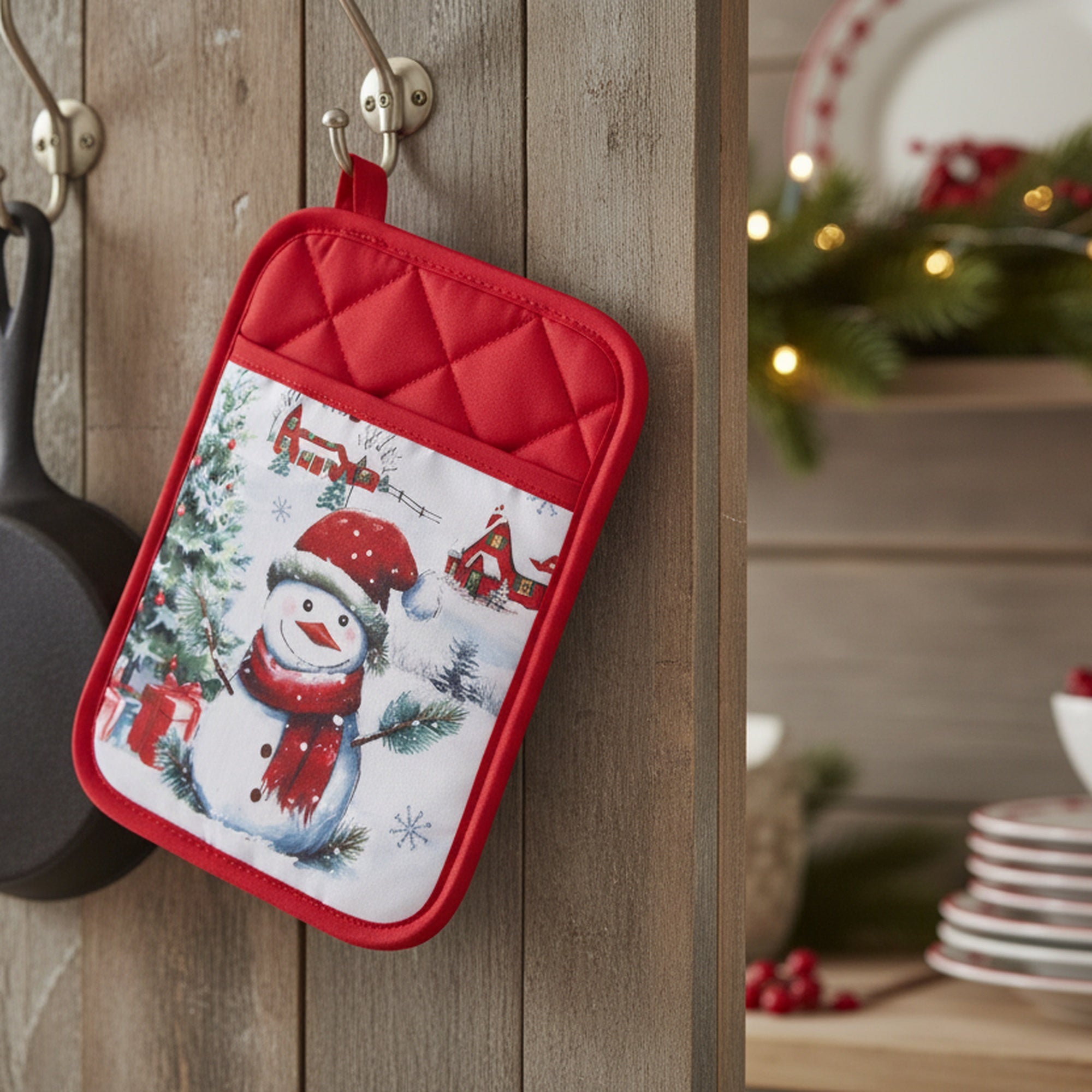 Pot Holder with Pocket Snowman with Tree, Christmas, Pot Holder, Holiday Decor- Set of 6