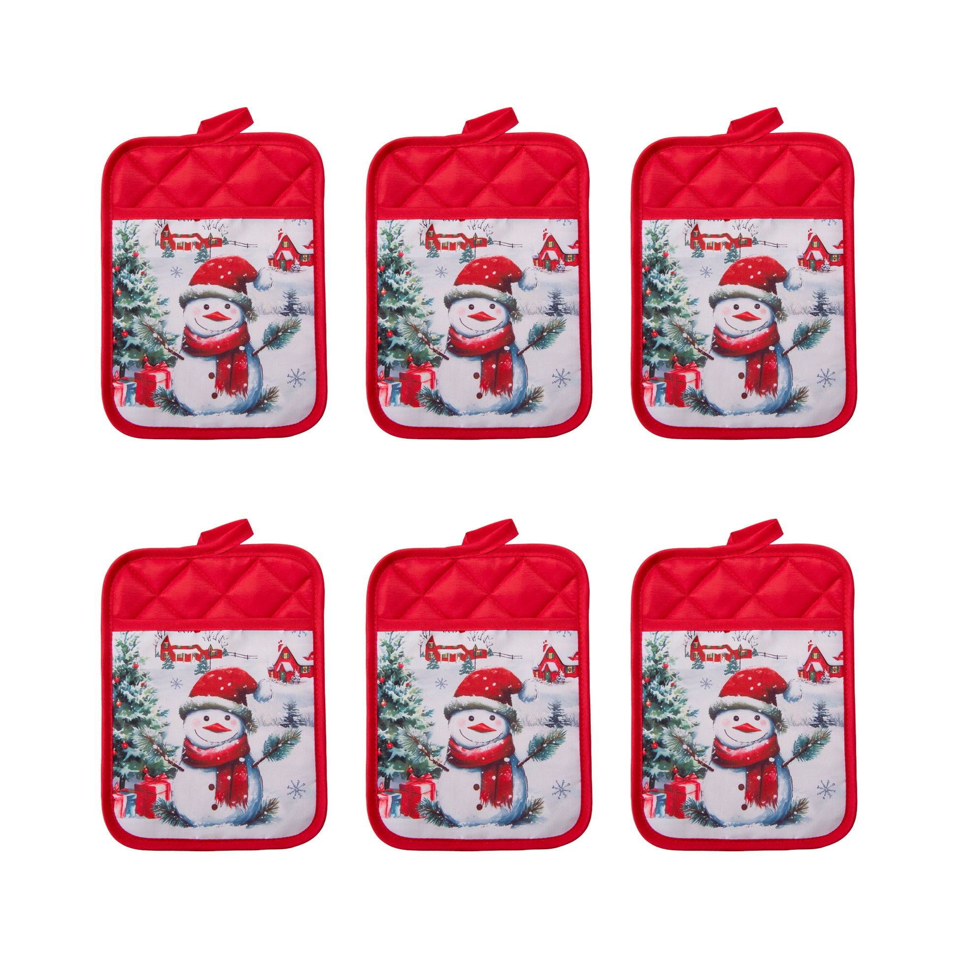 Pot Holder with Pocket Snowman with Tree, Christmas, Pot Holder, Holiday Decor- Set of 6