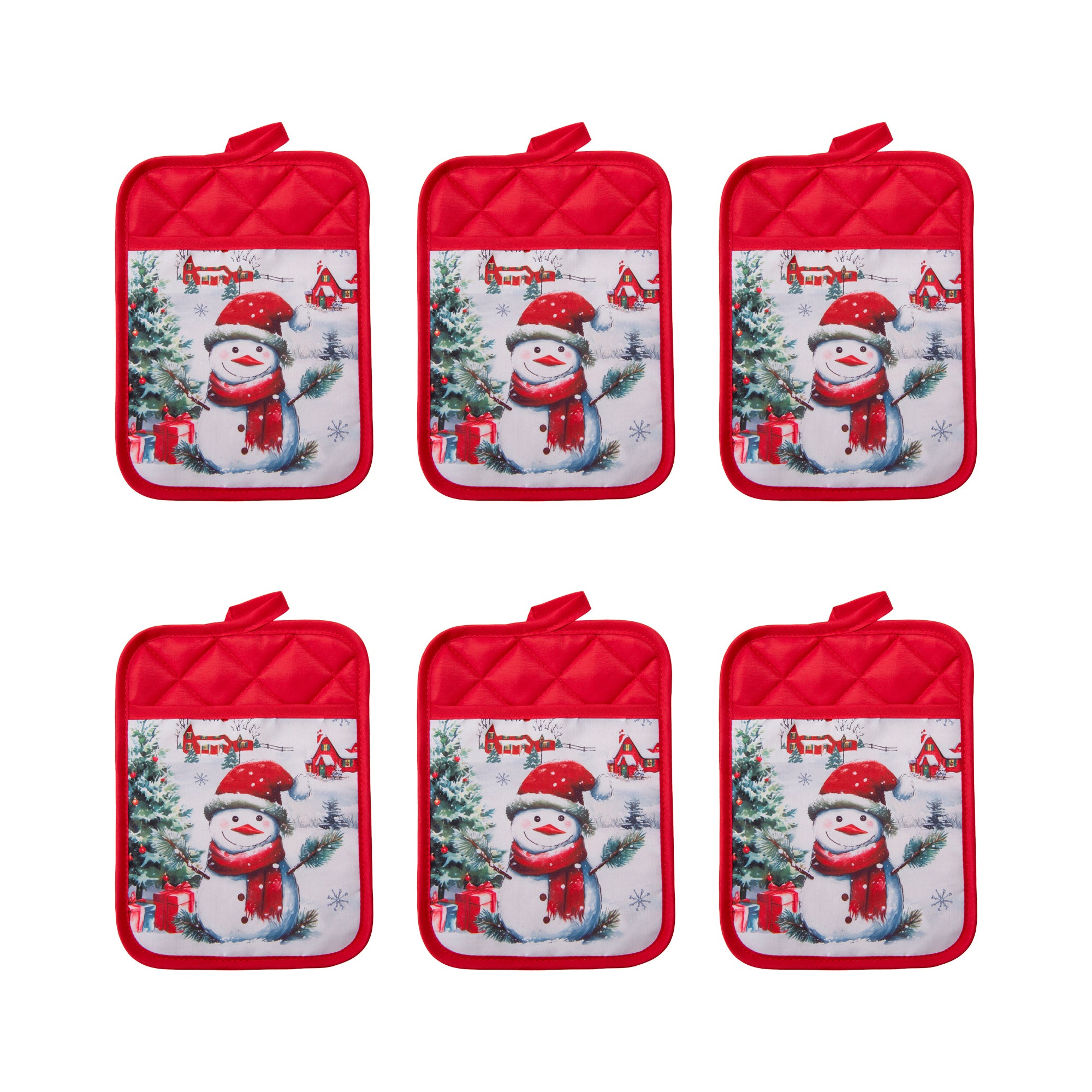 Pot Holder with Pocket Snowman with Tree, Christmas, Pot Holder, Holiday Decor- Set of 6