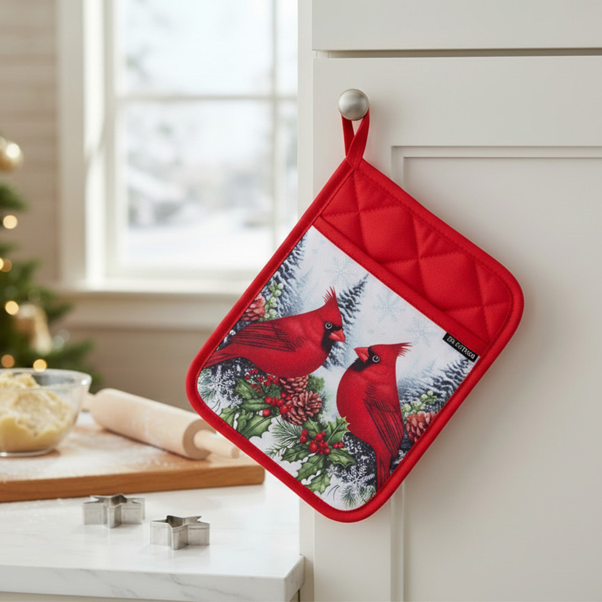 Pot Holder with Pocket Double Cardinal, Christmas, Pot Holder, Holiday Decor- Set of 6