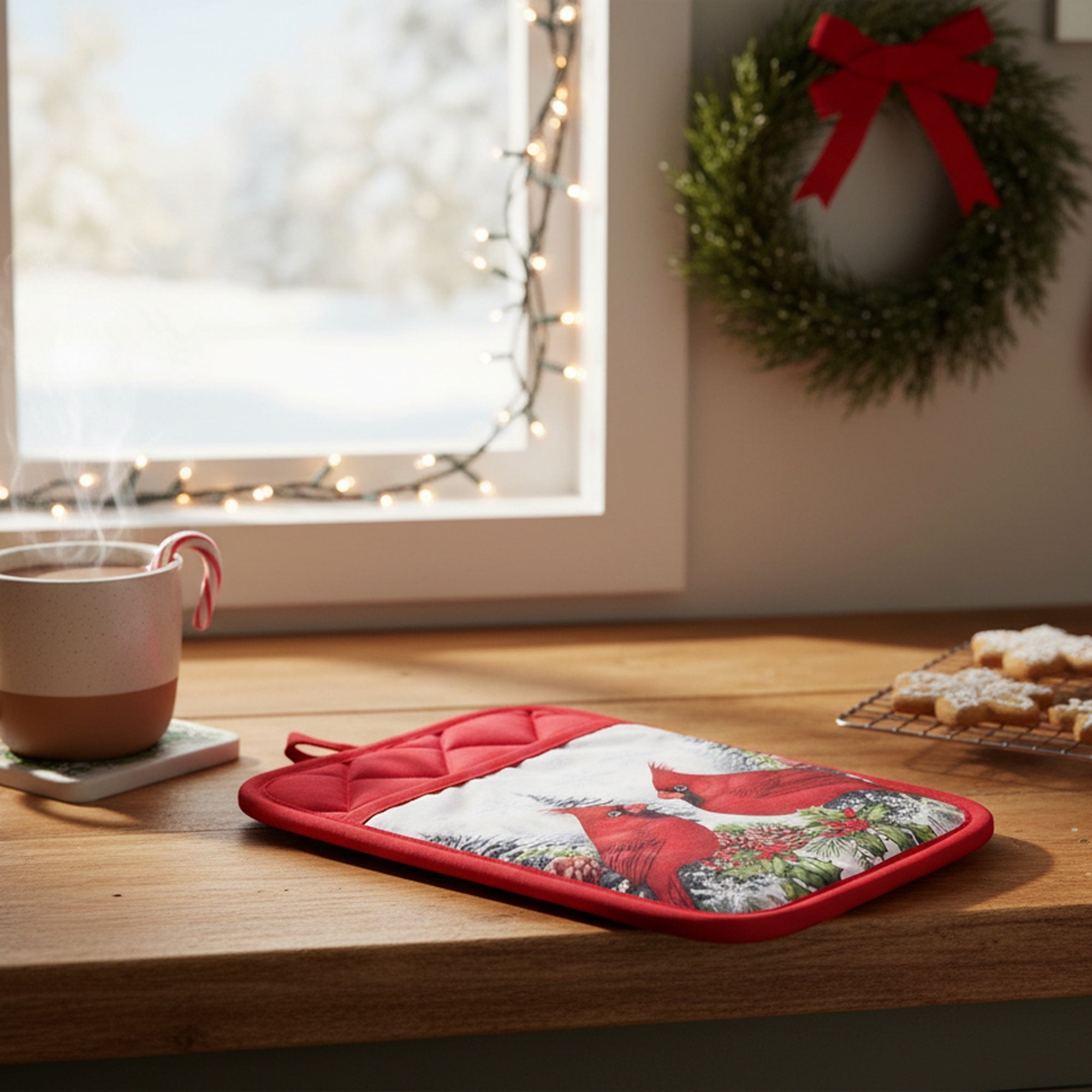 Pot Holder with Pocket Double Cardinal, Christmas, Pot Holder, Holiday Decor- Set of 6
