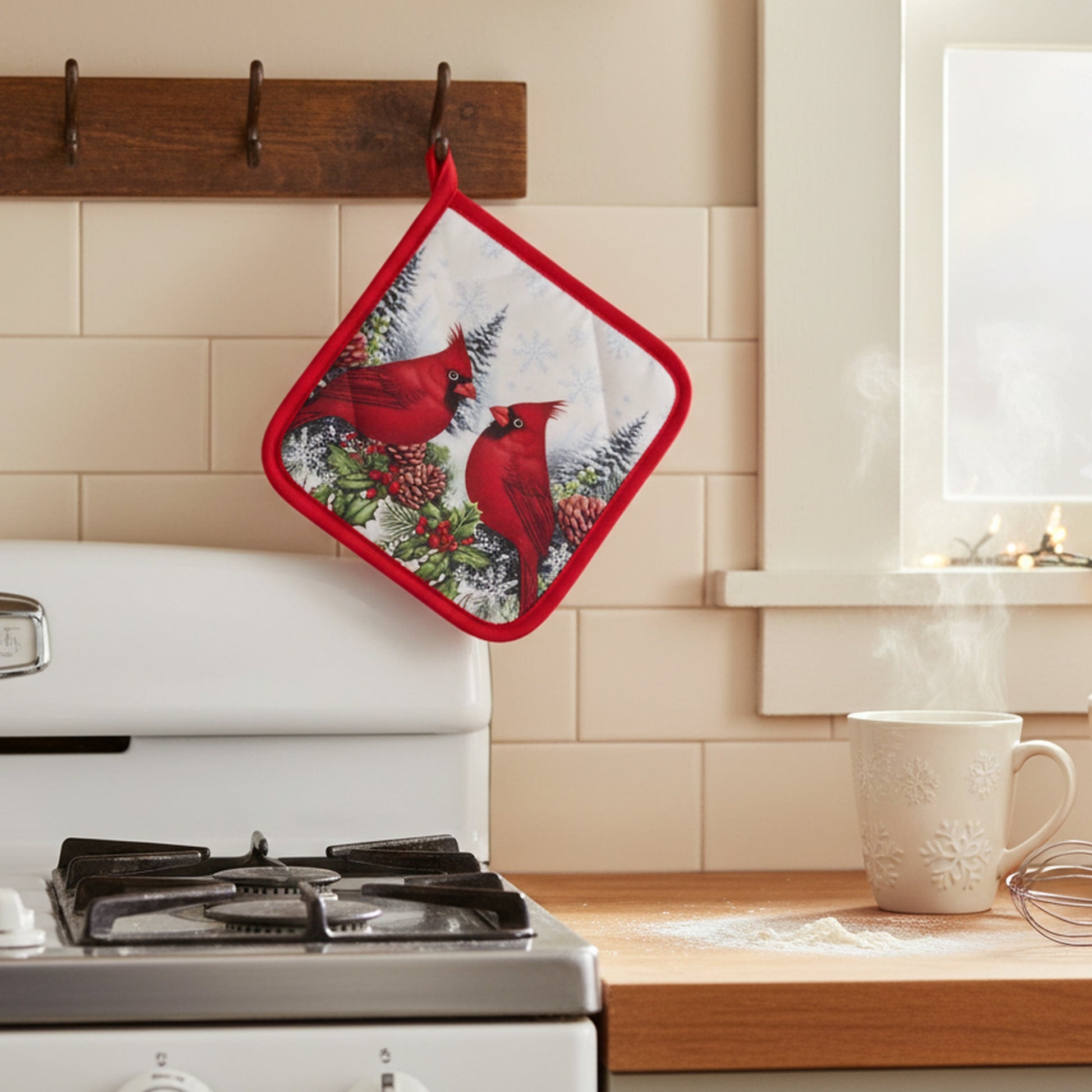 Pot Holder with Pocket Double Cardinal, Christmas, Pot Holder, Holiday Decor- Set of 6