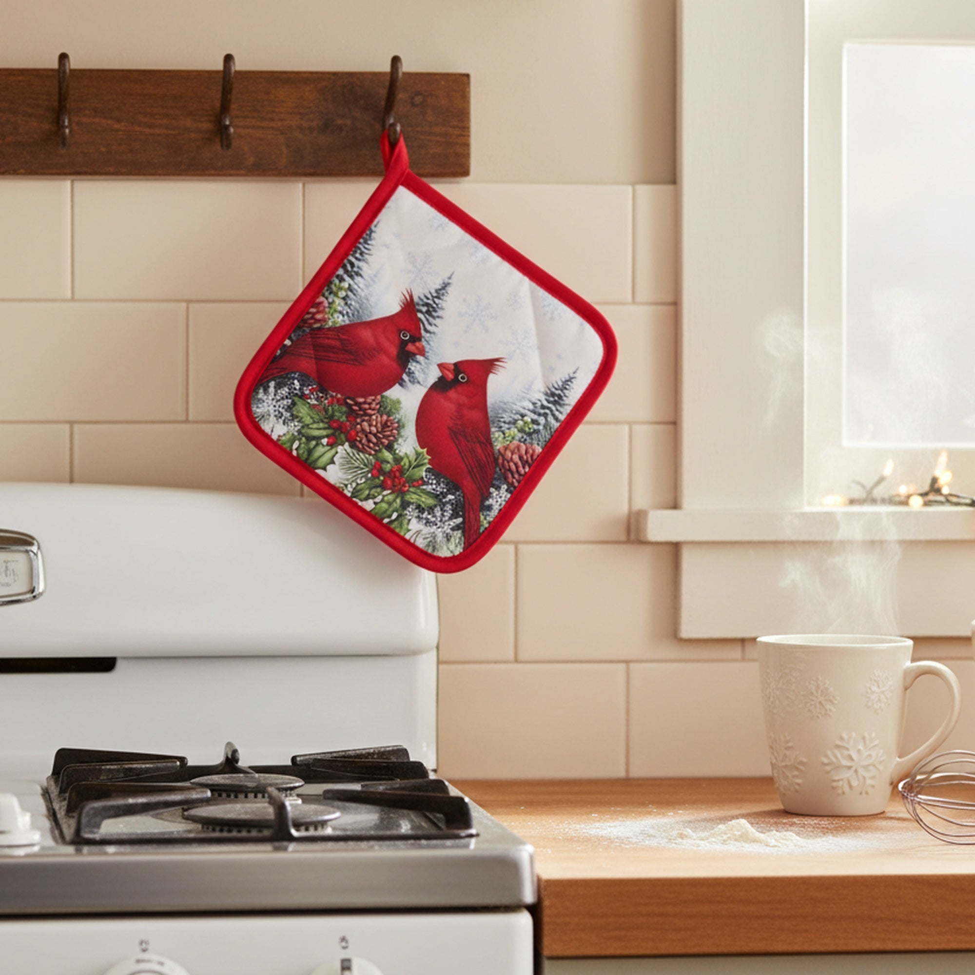 Pot Holder with Pocket Double Cardinal, Christmas, Pot Holder, Holiday Decor- Set of 6