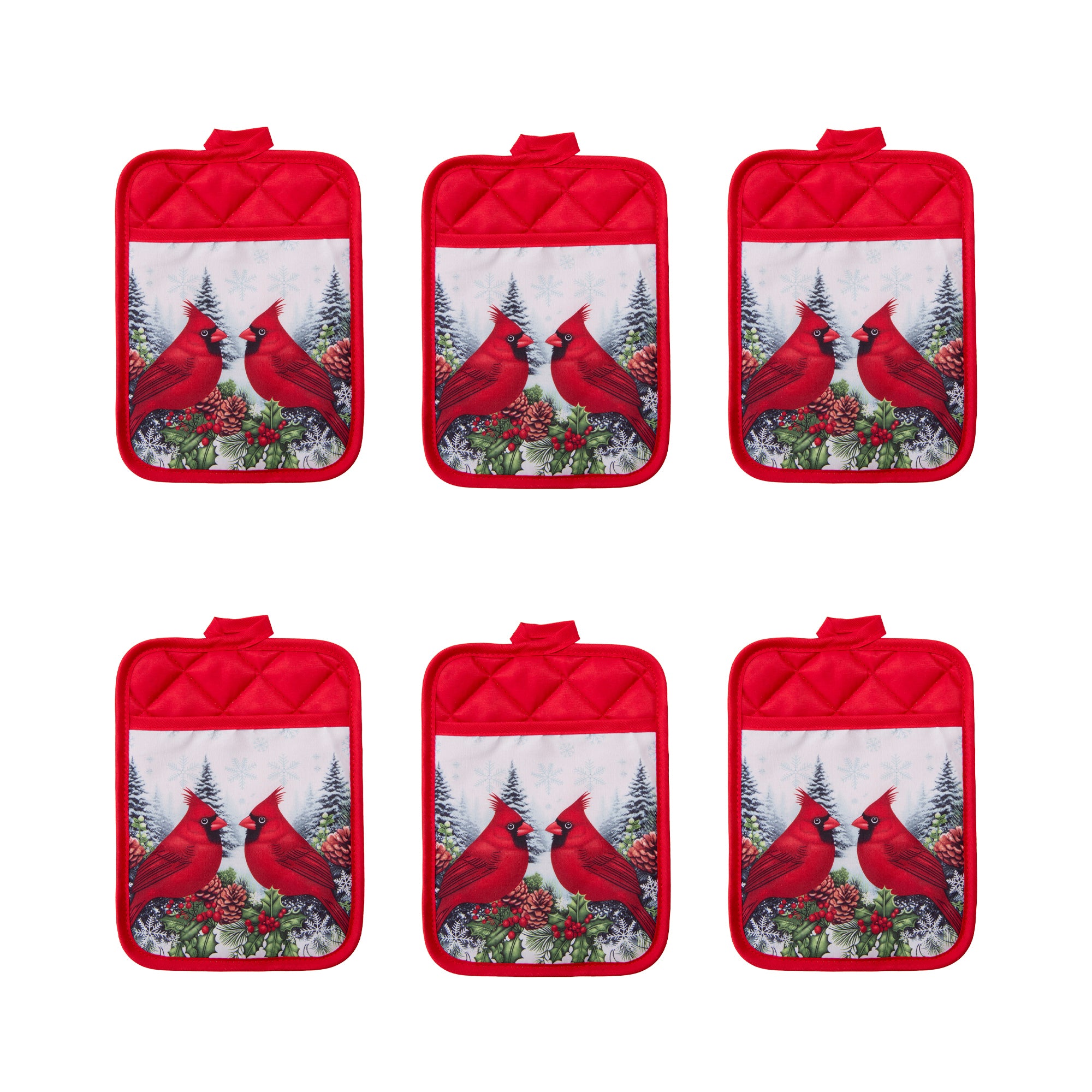 Pot Holder with Pocket Double Cardinal, Christmas, Pot Holder, Holiday Decor- Set of 6