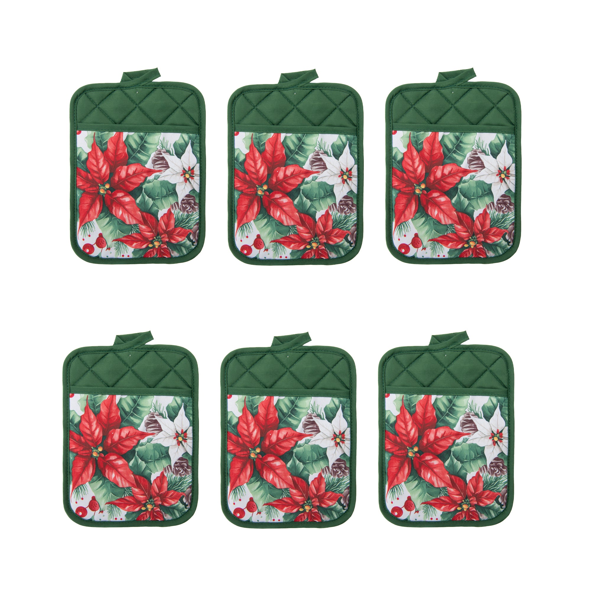Pot Holder with Pocket Blooming Poinsettia, Christmas, Pot Holder, Holiday Decor- Set of 6