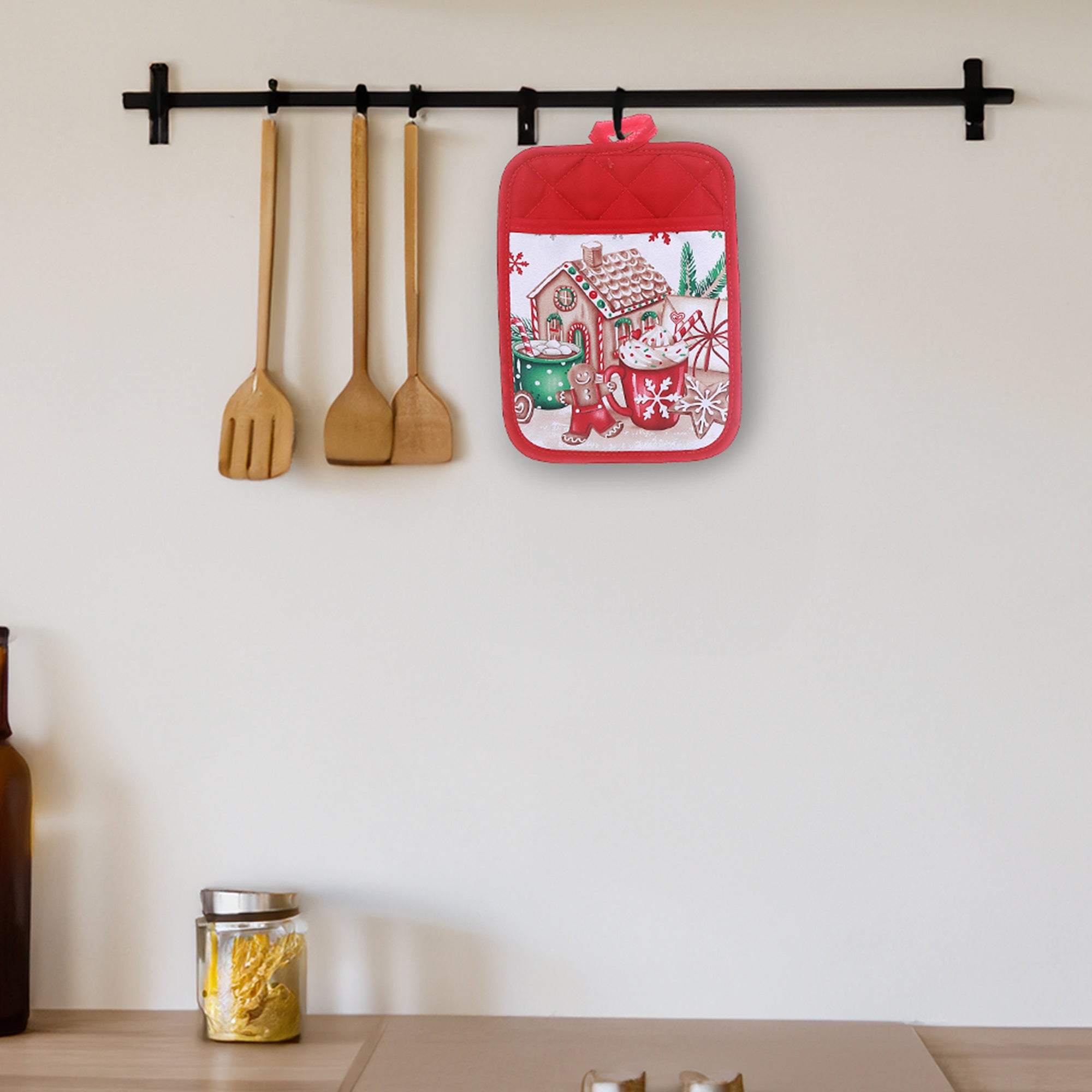 Christmas House Pot Holder With Pocket, Heat Resistant Kitchen Pot Holder, Cotton Baking Pot Holder, Holiday Kitchen Decor - Set Of 6