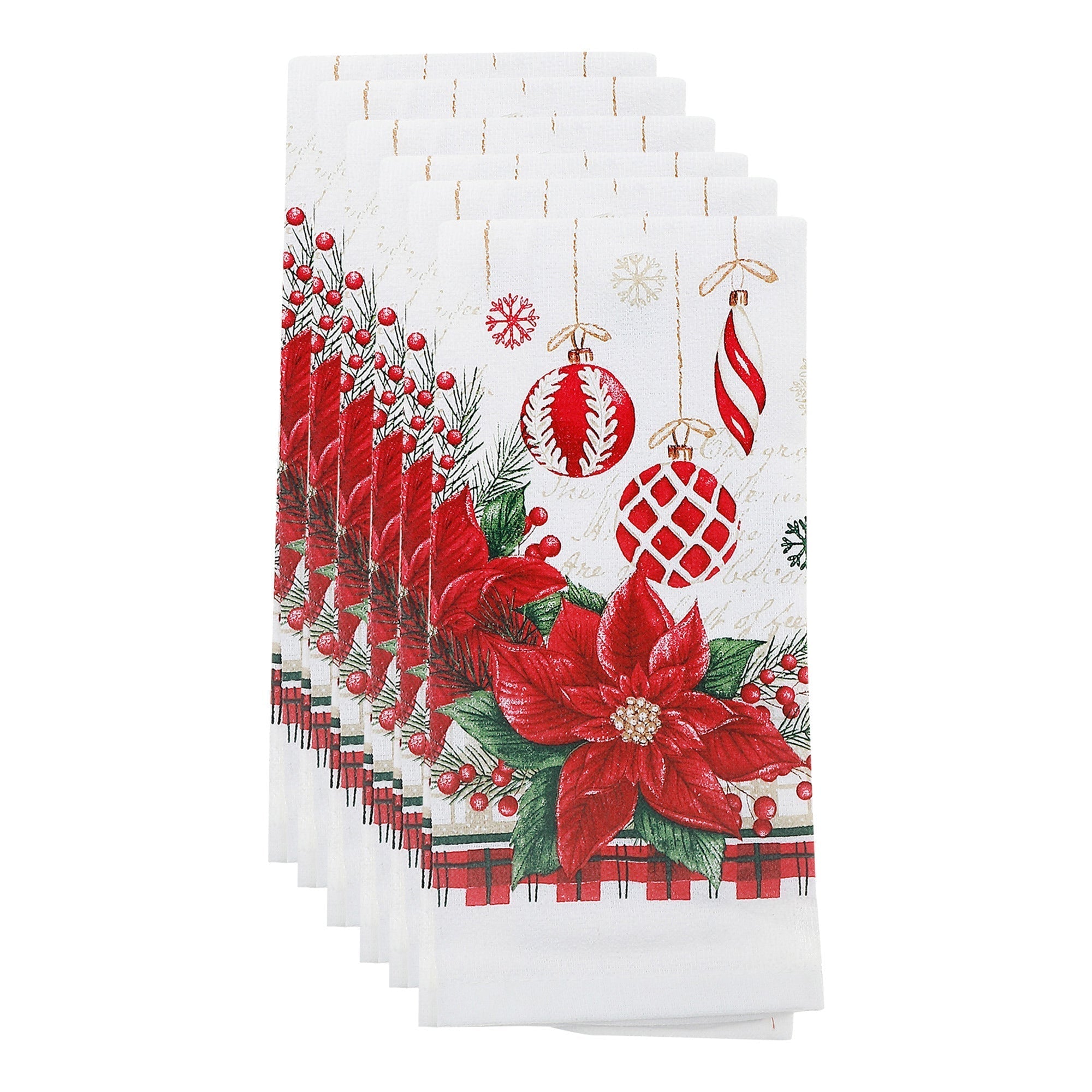 Hand Towel Set of 6 Poinsettia with Ornaments – Christmas Kitchen Linens, Holiday Hand Towel, Festive Cooking & Baking Accessory