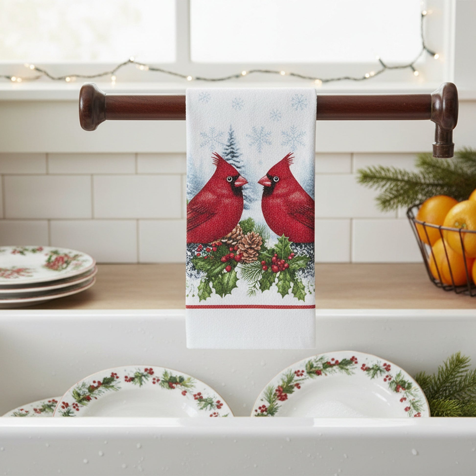 Hand Towel Double Cardinal, Christmas, Kitchen Towel, Holiday Decor- Set of 6