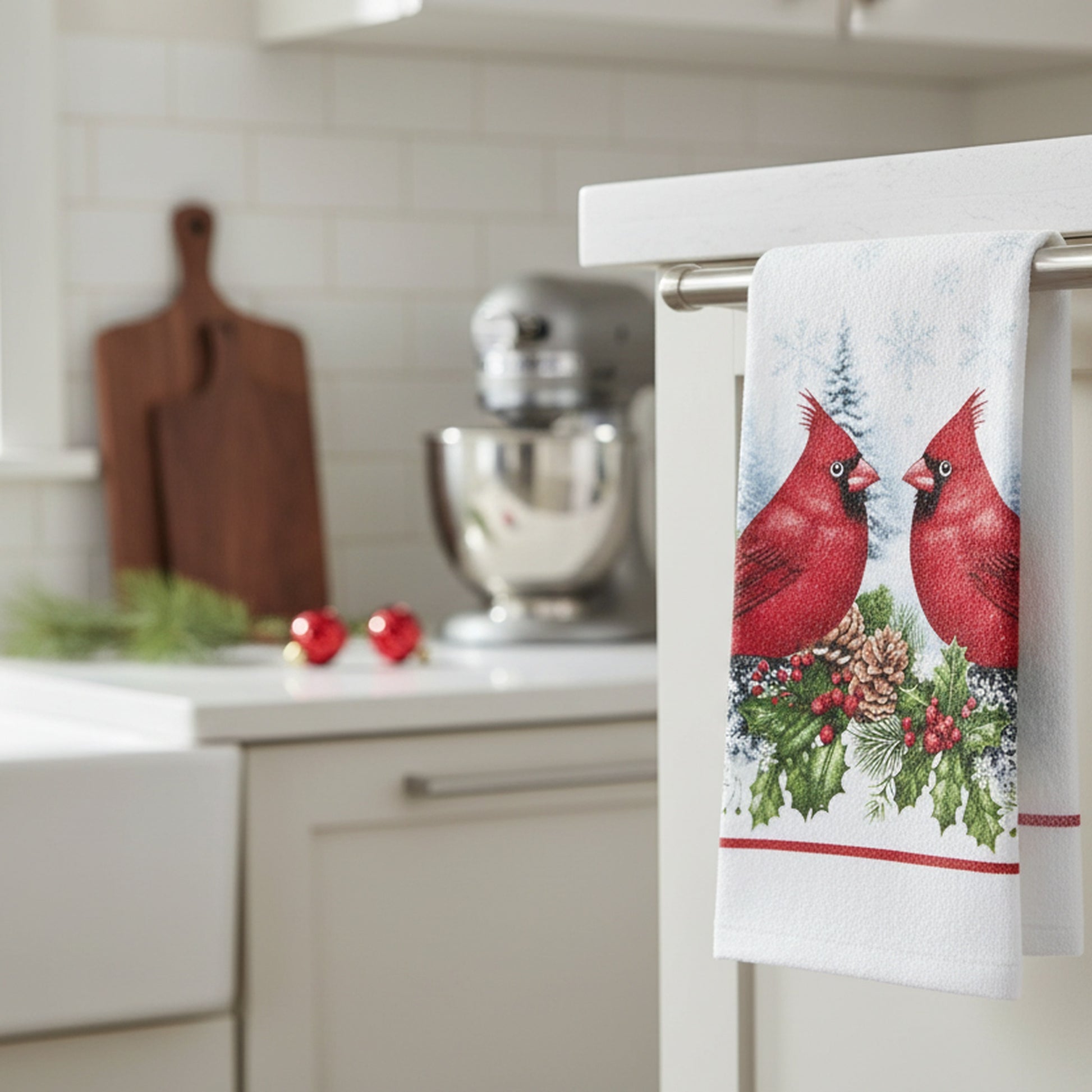 Hand Towel Double Cardinal, Christmas, Kitchen Towel, Holiday Decor- Set of 6