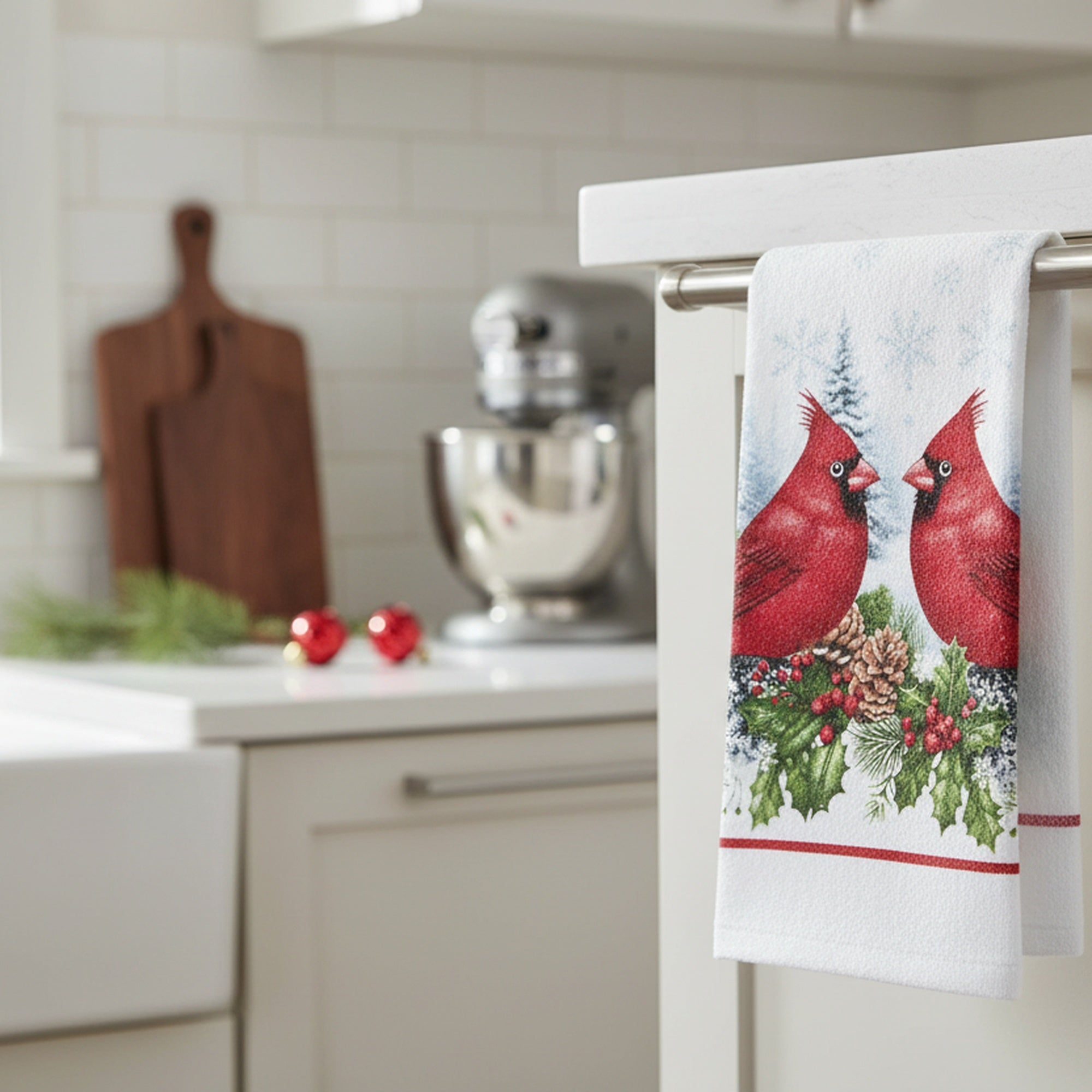 Hand Towel Double Cardinal, Christmas, Kitchen Towel, Holiday Decor- Set of 6
