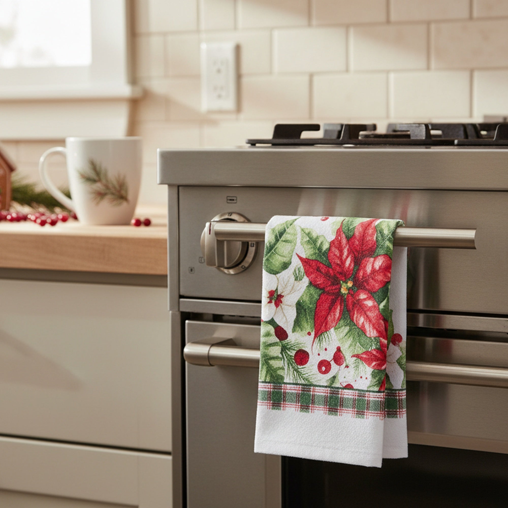 Hand Towel Blooming Poinsettia, Christmas, Kitchen Towel, Holiday Decor- Set of 6