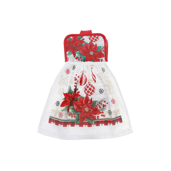 Tie Hand Towel (Poinsettia W/ Ornaments) - Set of 2