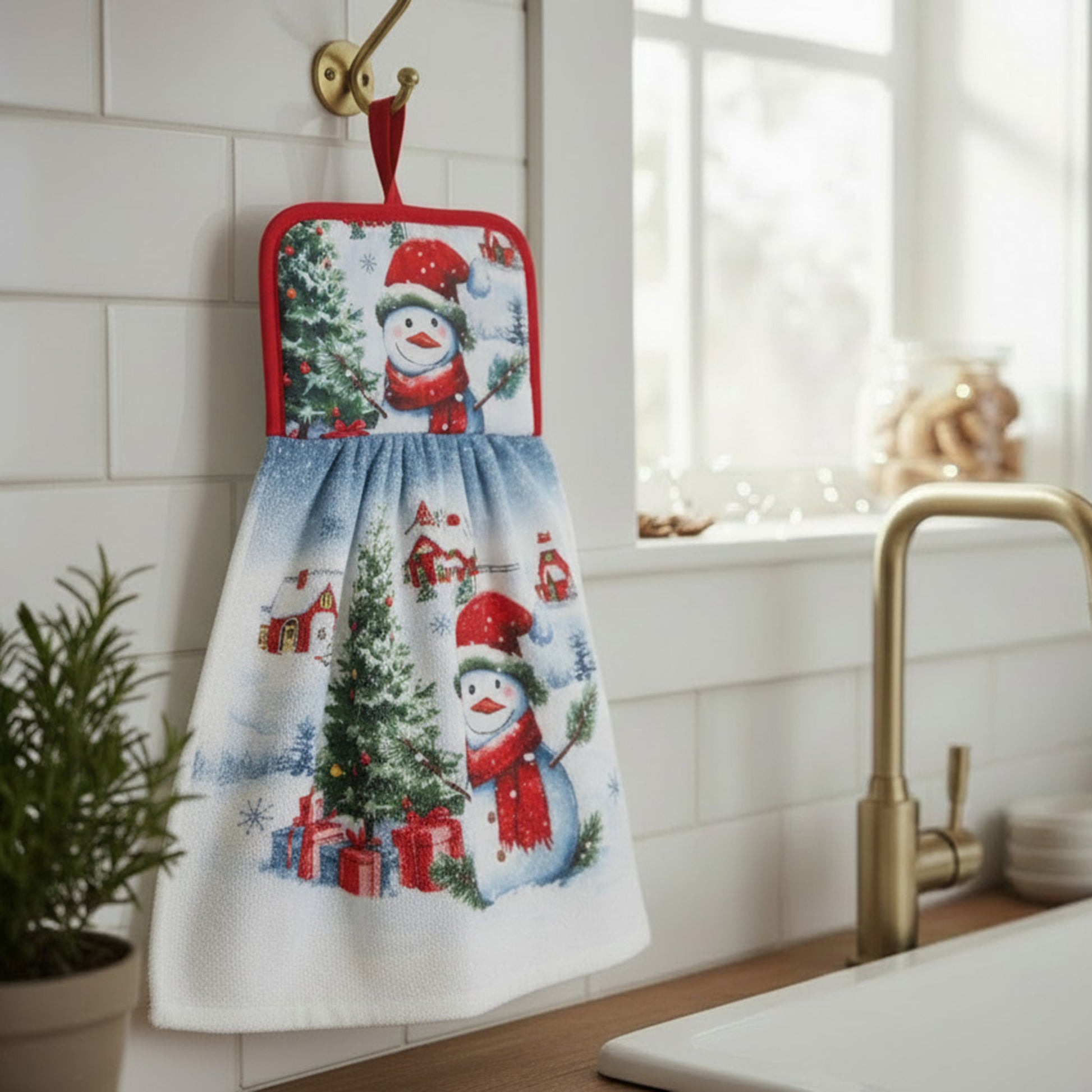 Tie Hand Towel Snowman with Tree, Christmas, Kitchen Towel, Holiday Decor- Set of 2