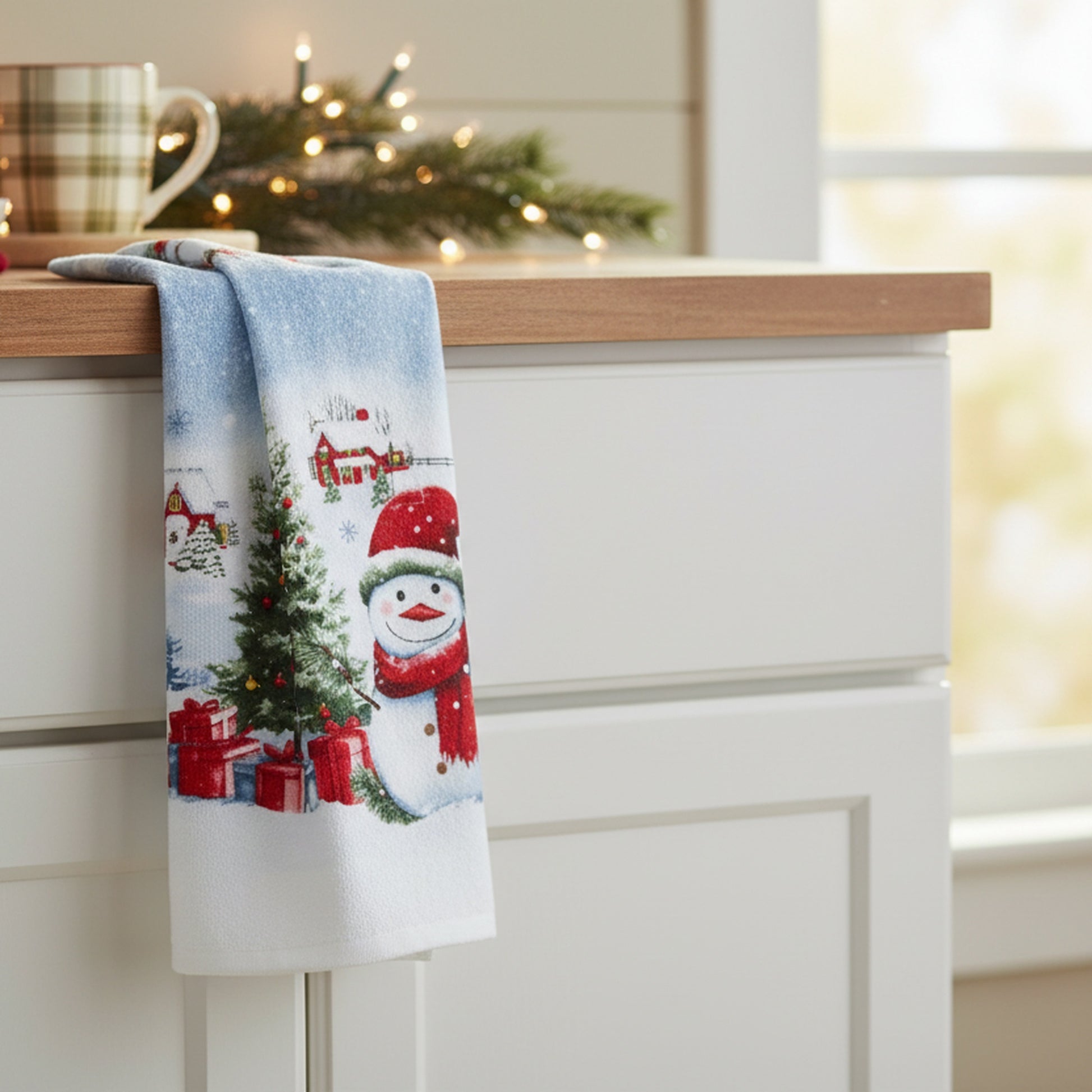 Tie Hand Towel Snowman with Tree, Christmas, Kitchen Towel, Holiday Decor- Set of 2