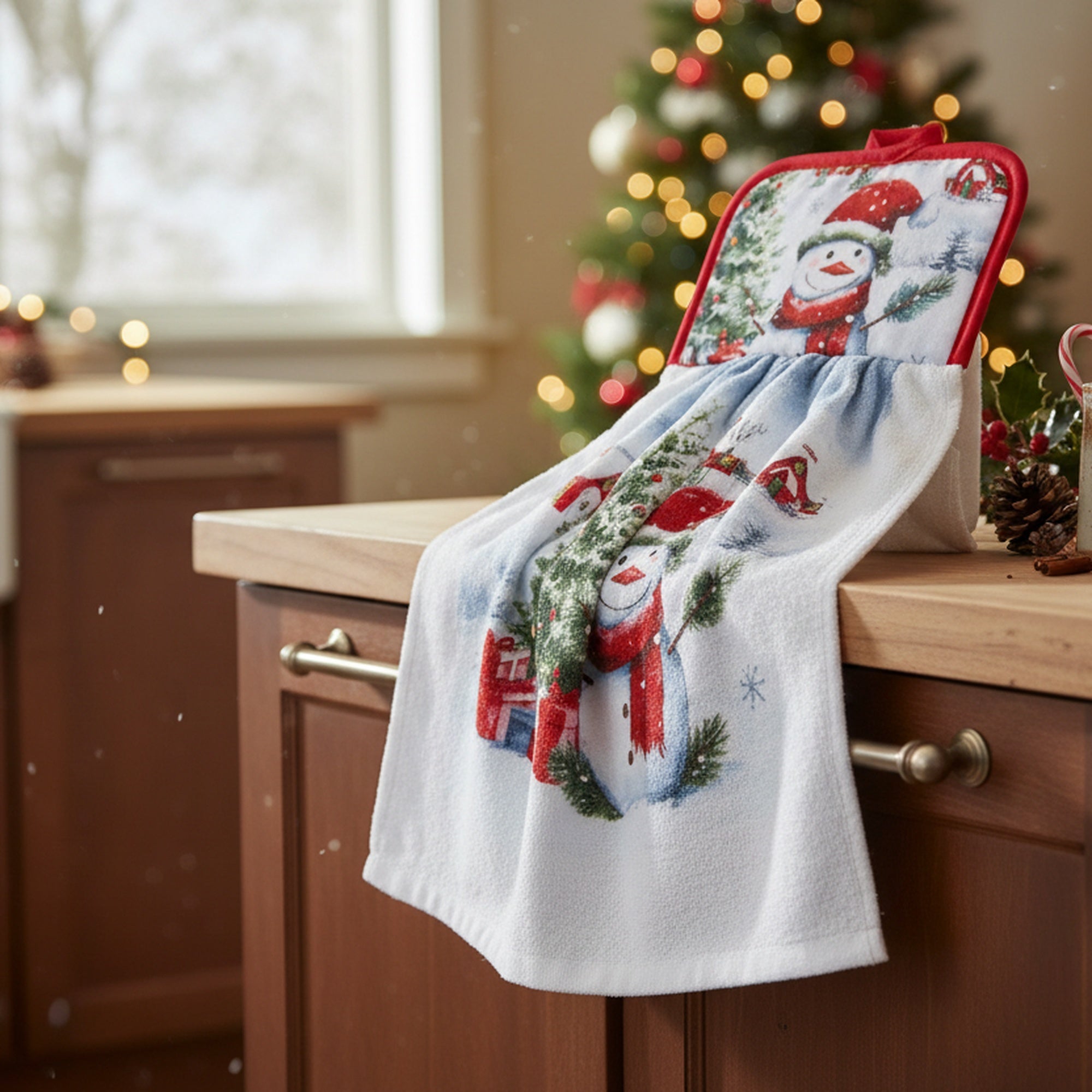 Tie Hand Towel Snowman with Tree, Christmas, Kitchen Towel, Holiday Decor- Set of 2