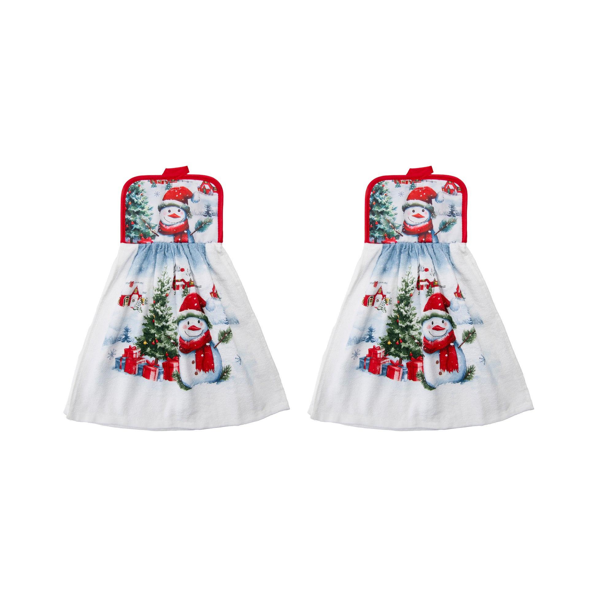 Tie Hand Towel Snowman with Tree, Christmas, Kitchen Towel, Holiday Decor- Set of 2