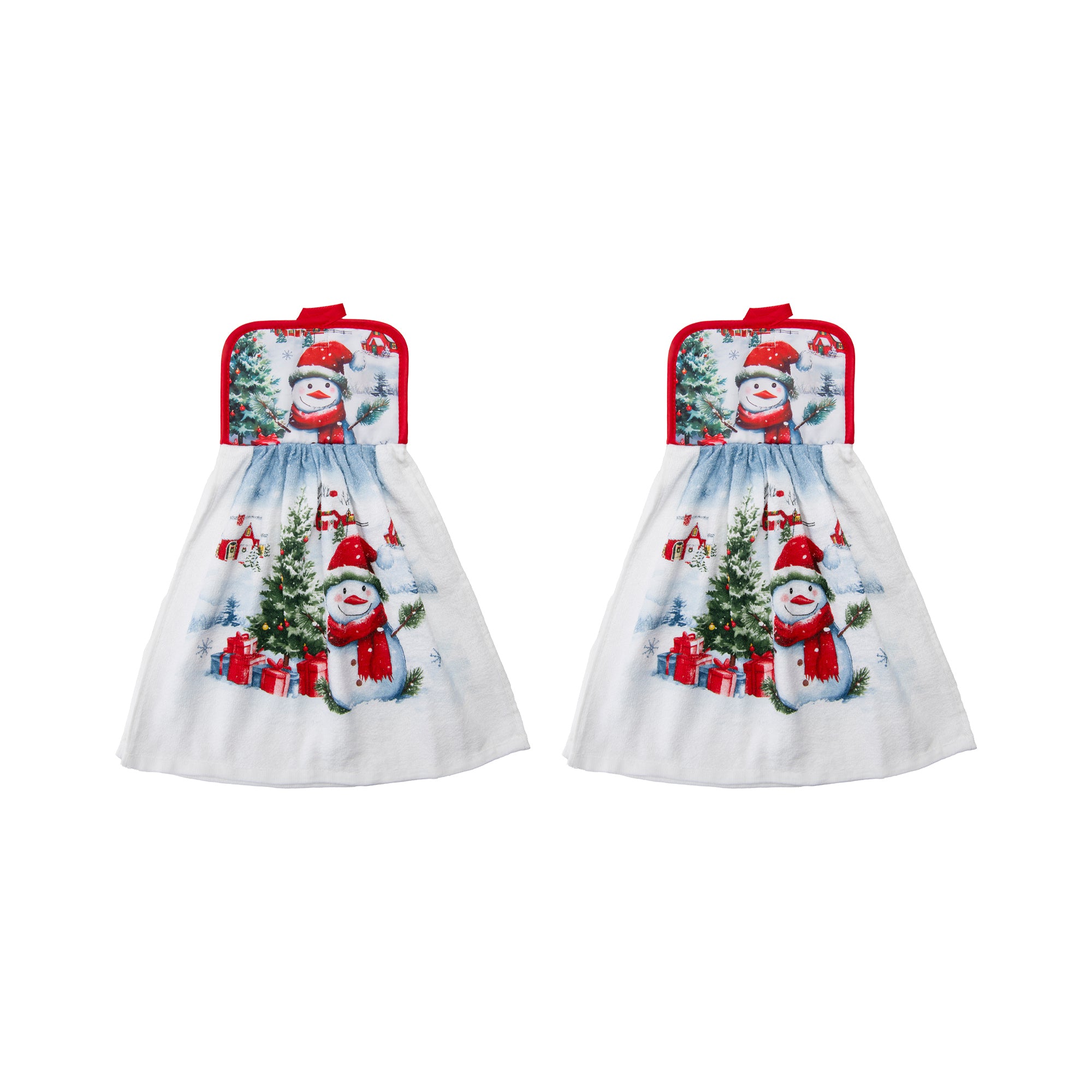 Tie Hand Towel Snowman with Tree, Christmas, Kitchen Towel, Holiday Decor- Set of 2