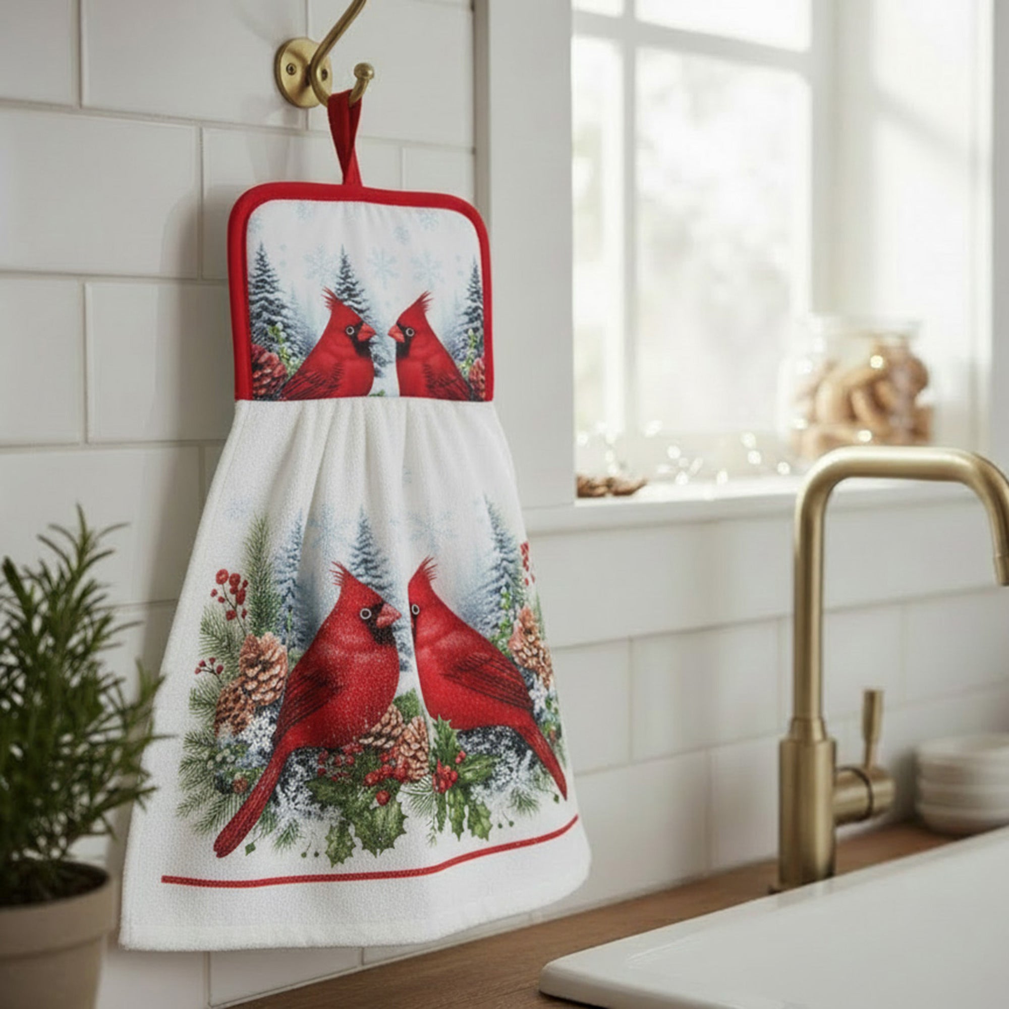 Tie Hand Towel Double Cardinal, Christmas, Kitchen Towel, Holiday Decor- Set of 2