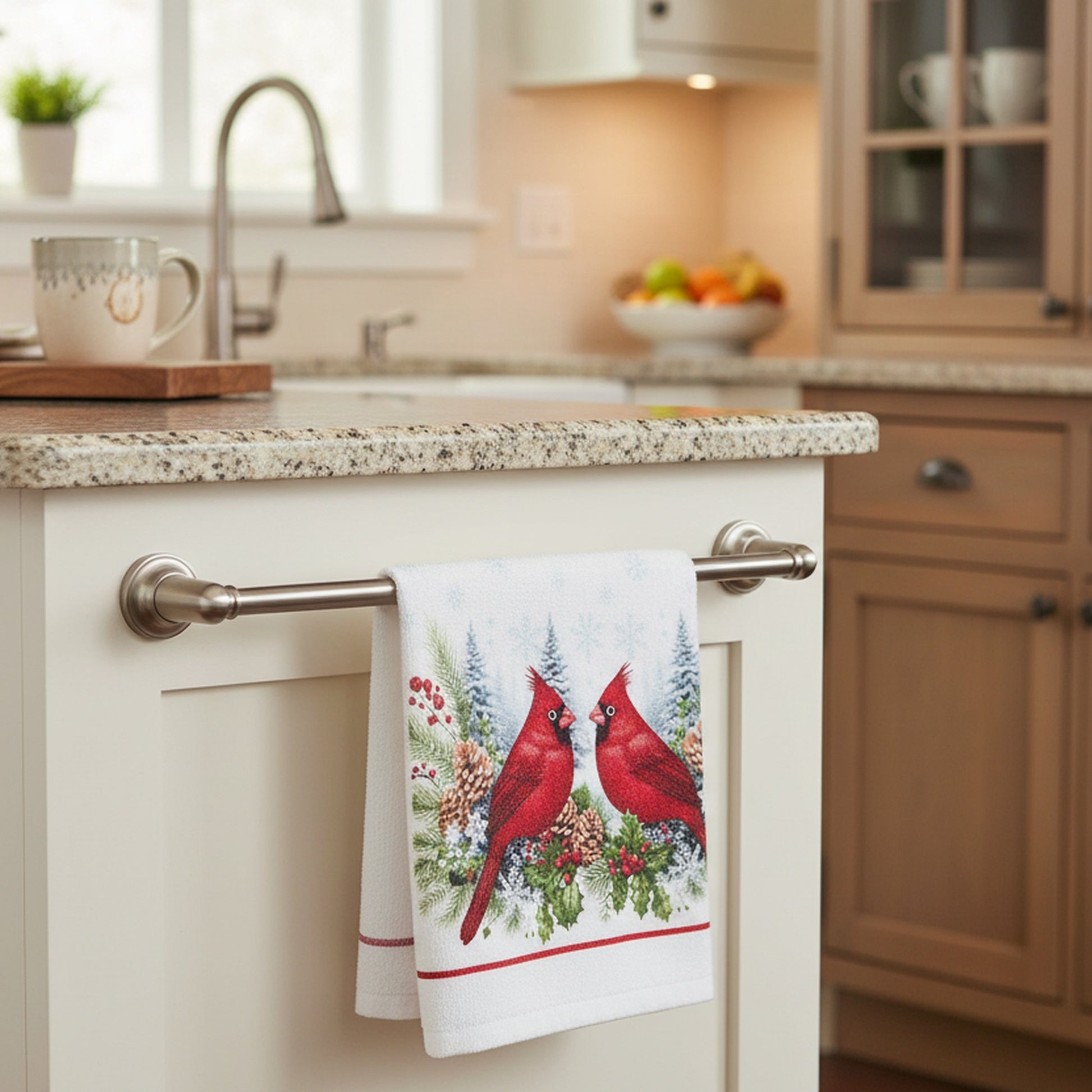Tie Hand Towel Double Cardinal, Christmas, Kitchen Towel, Holiday Decor- Set of 2