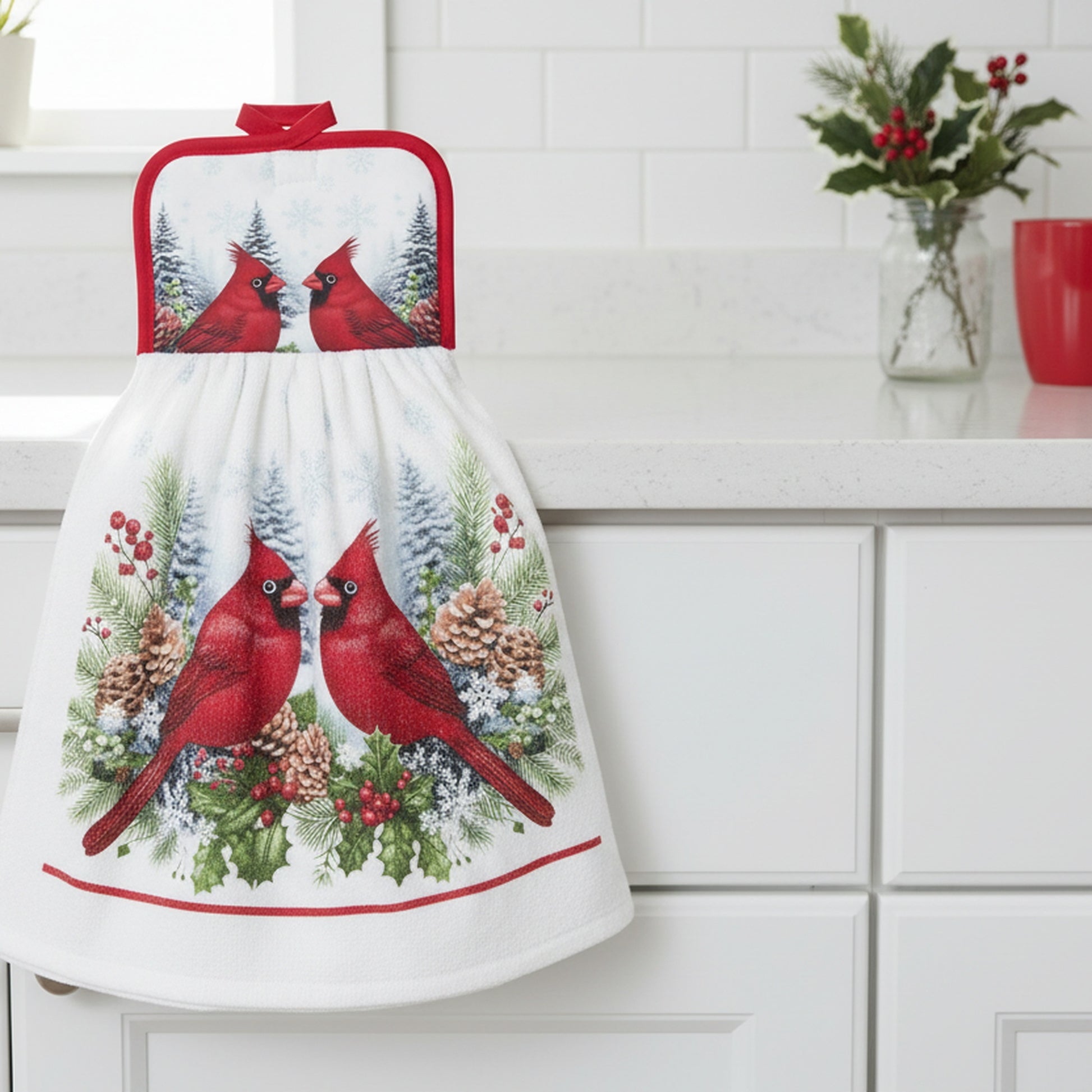 Tie Hand Towel Double Cardinal, Christmas, Kitchen Towel, Holiday Decor- Set of 2