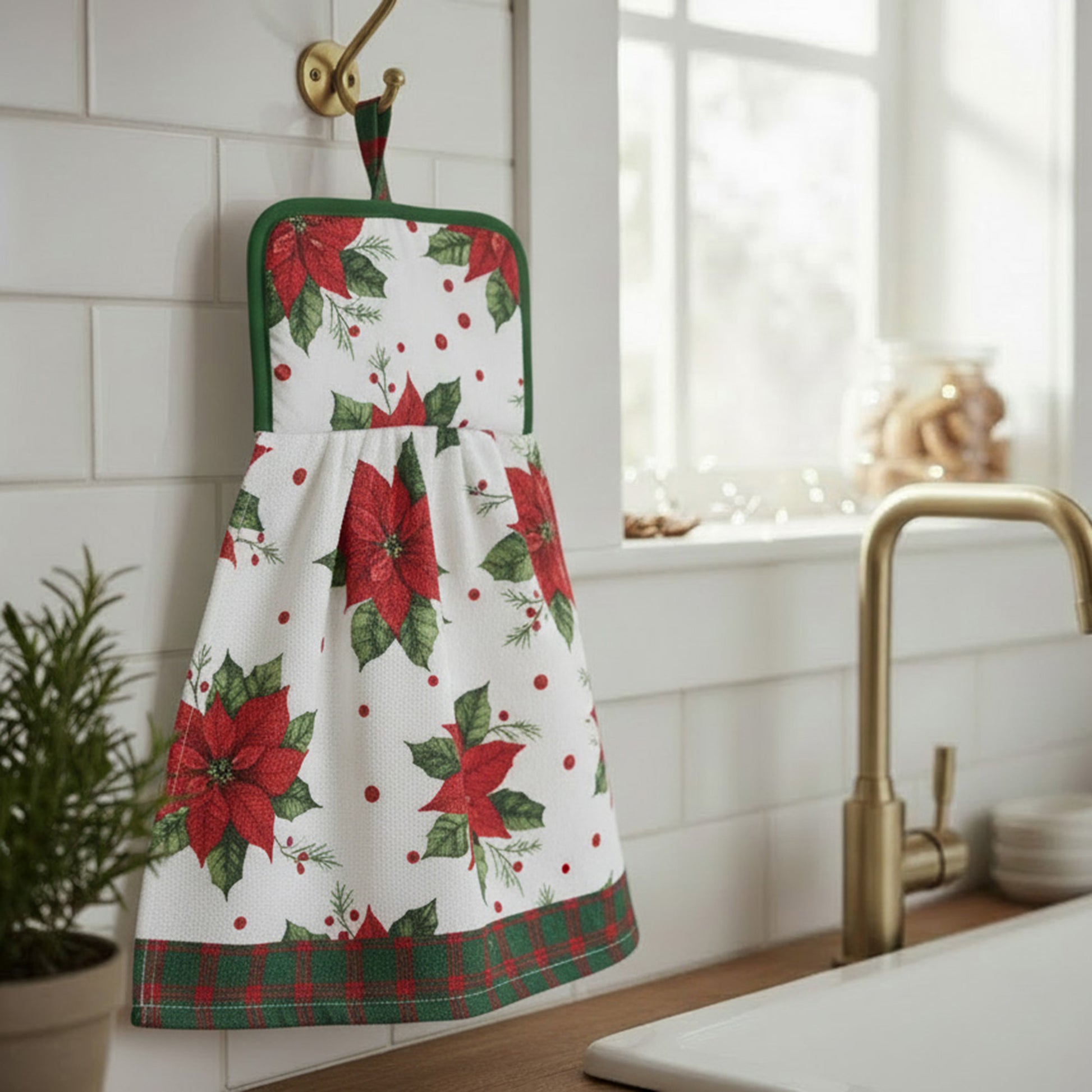 Tie Hand Towel Blooming Poinsettia, Christmas, Kitchen Towel, Holiday Decor- Set of 2