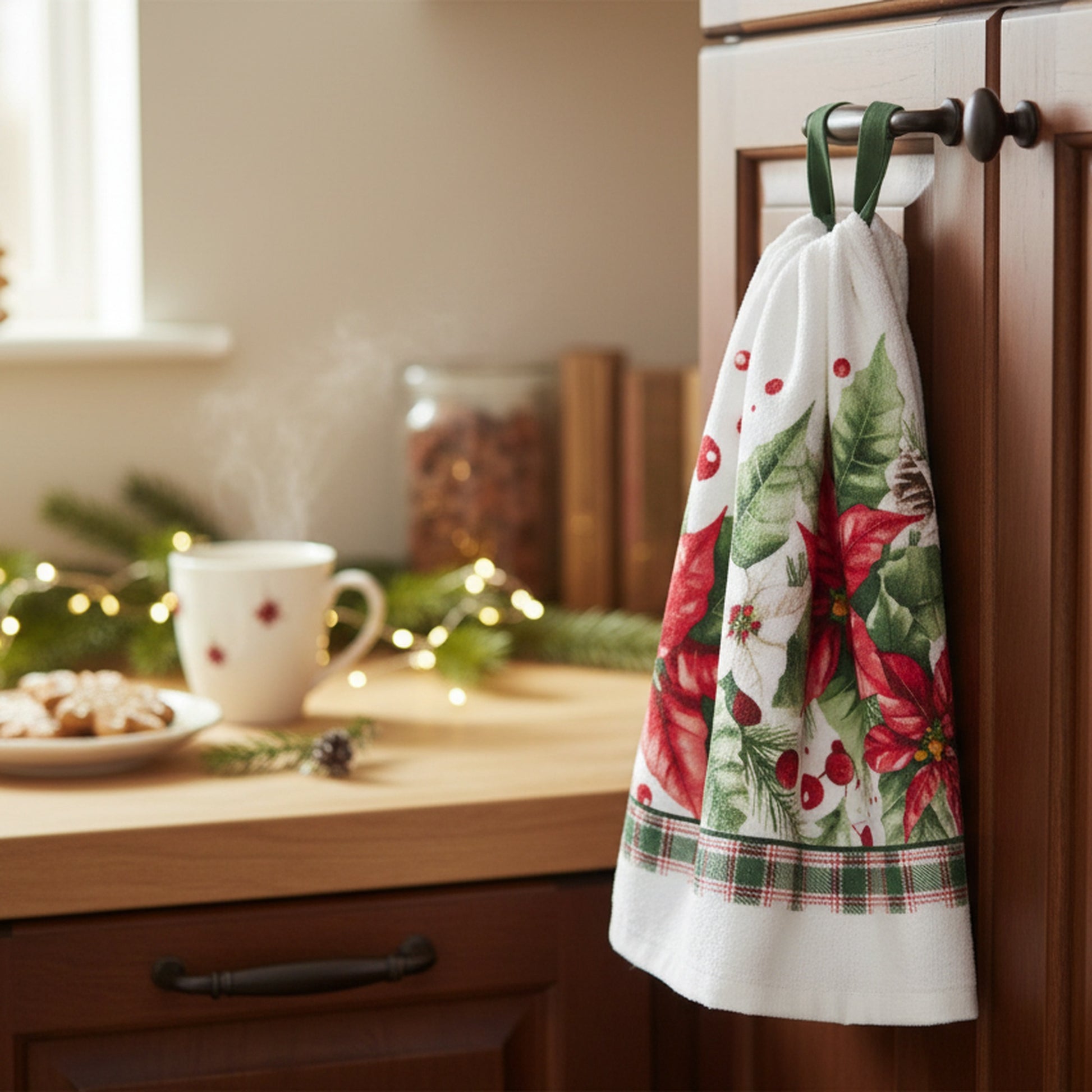 Tie Hand Towel Blooming Poinsettia, Christmas, Kitchen Towel, Holiday Decor- Set of 2