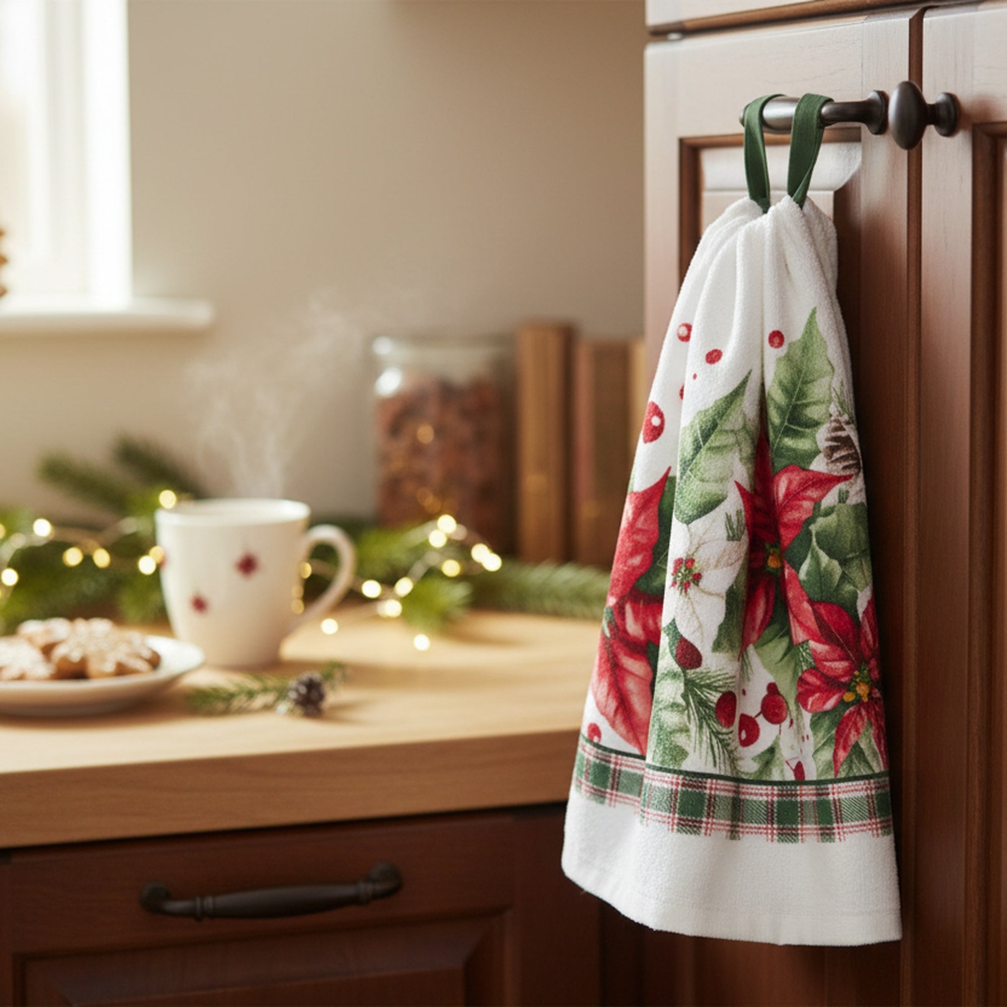 Tie Hand Towel Blooming Poinsettia, Christmas, Kitchen Towel, Holiday Decor- Set of 2