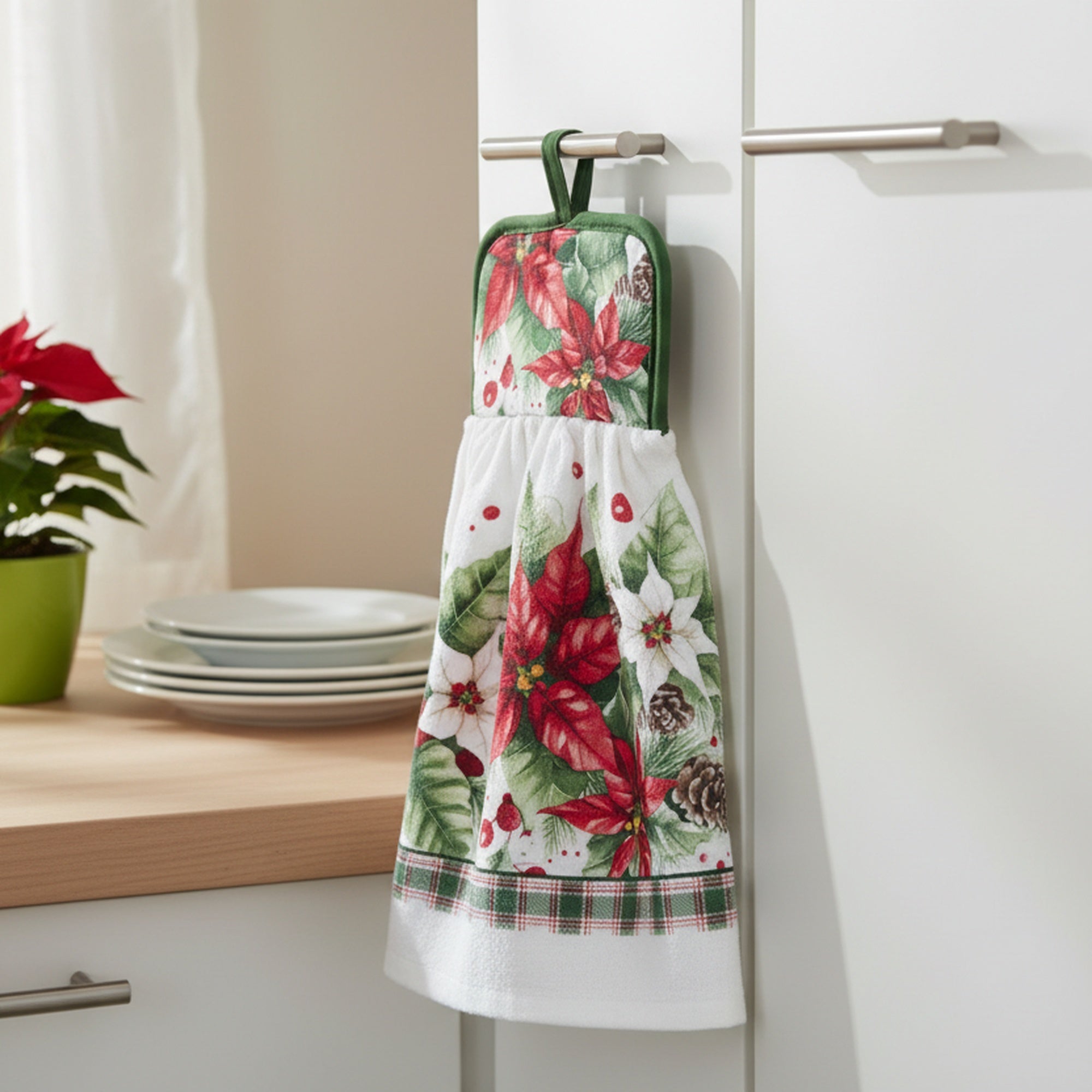 Tie Hand Towel Blooming Poinsettia, Christmas, Kitchen Towel, Holiday Decor- Set of 2