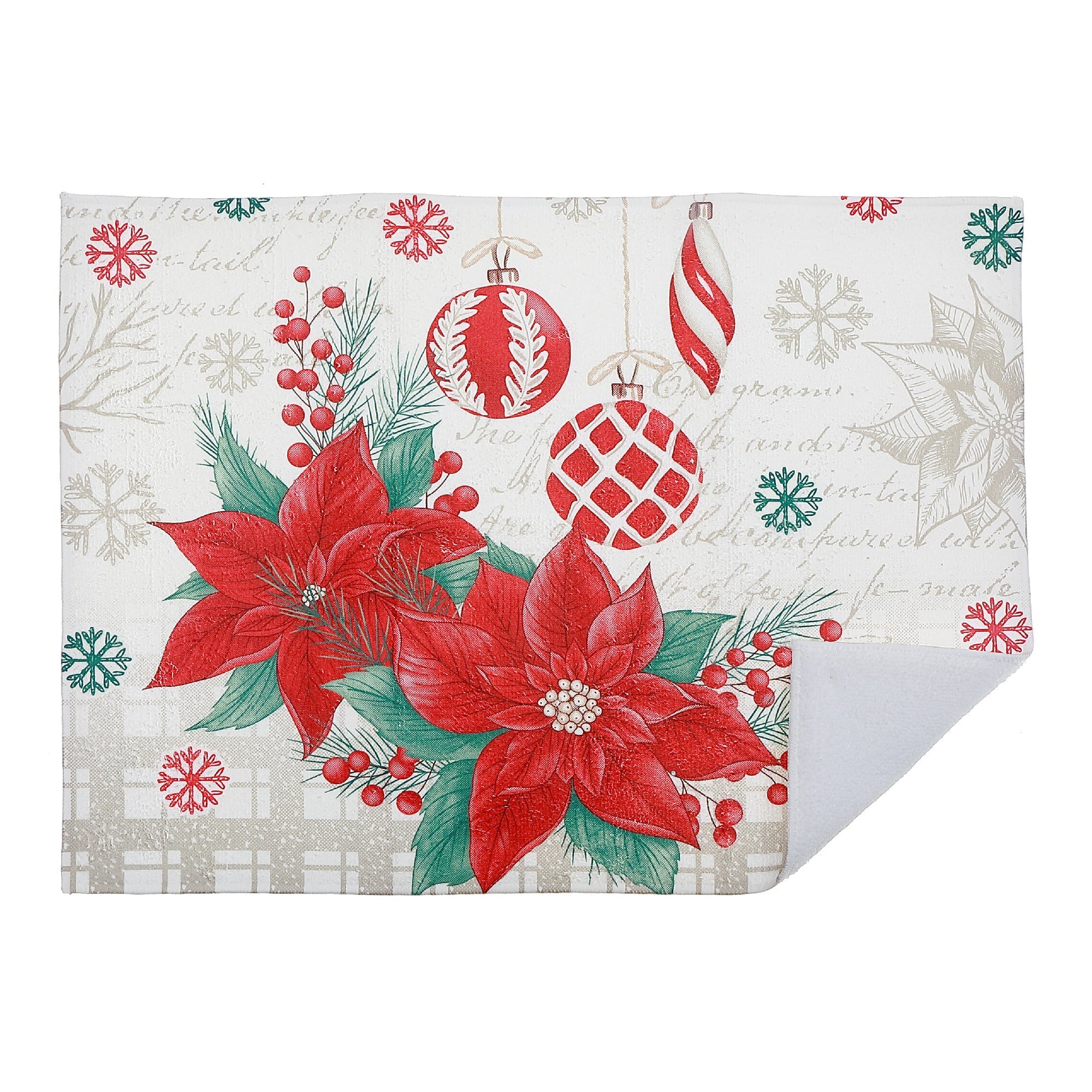 Microfibre Drying Mat Set of 2 Poinsettia with Ornaments – Christmas Kitchen Linen, Holiday Counter Accessory, Festive Dish Drying Mat