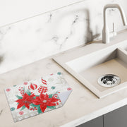 Microfibre Drying Mat Set of 2 Poinsettia with Ornaments – Christmas Kitchen Linen, Holiday Counter Accessory, Festive Dish Drying Mat