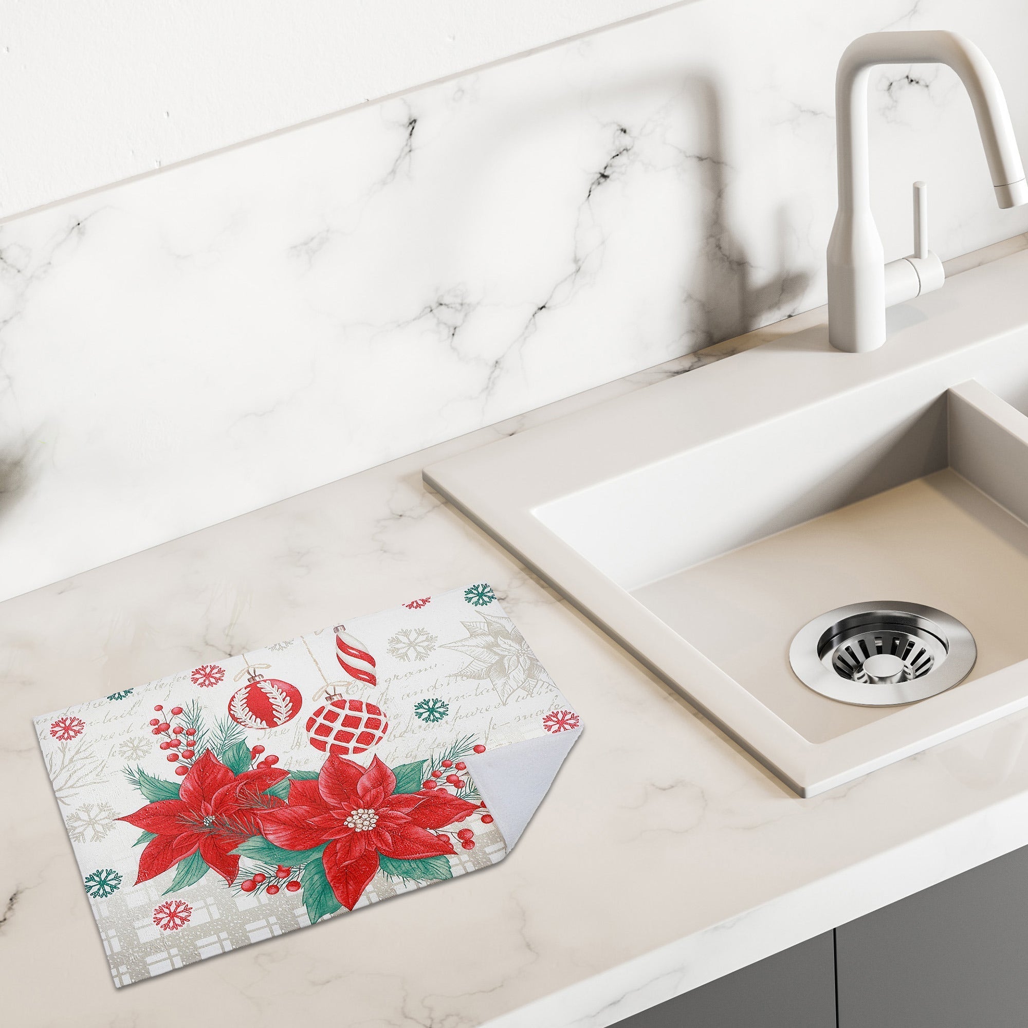 Microfibre Drying Mat Set of 2 Poinsettia with Ornaments – Christmas Kitchen Linen, Holiday Counter Accessory, Festive Dish Drying Mat