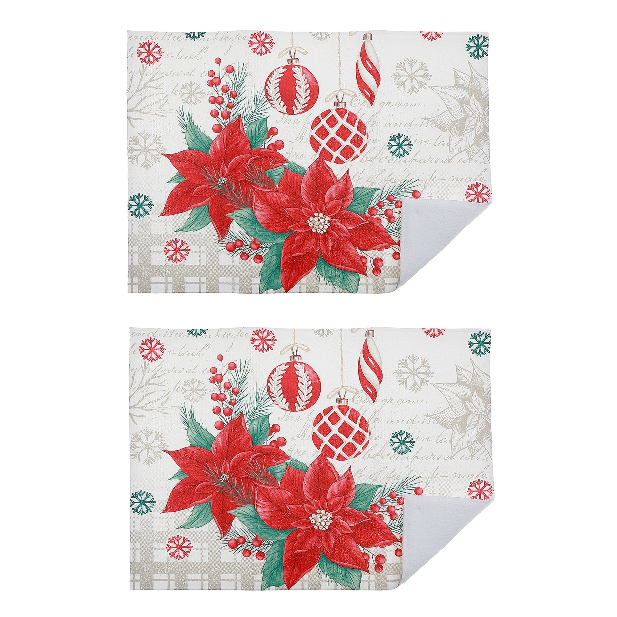 Microfibre Drying Mat Set of 2 Poinsettia with Ornaments – Christmas Kitchen Linen, Holiday Counter Accessory, Festive Dish Drying Mat