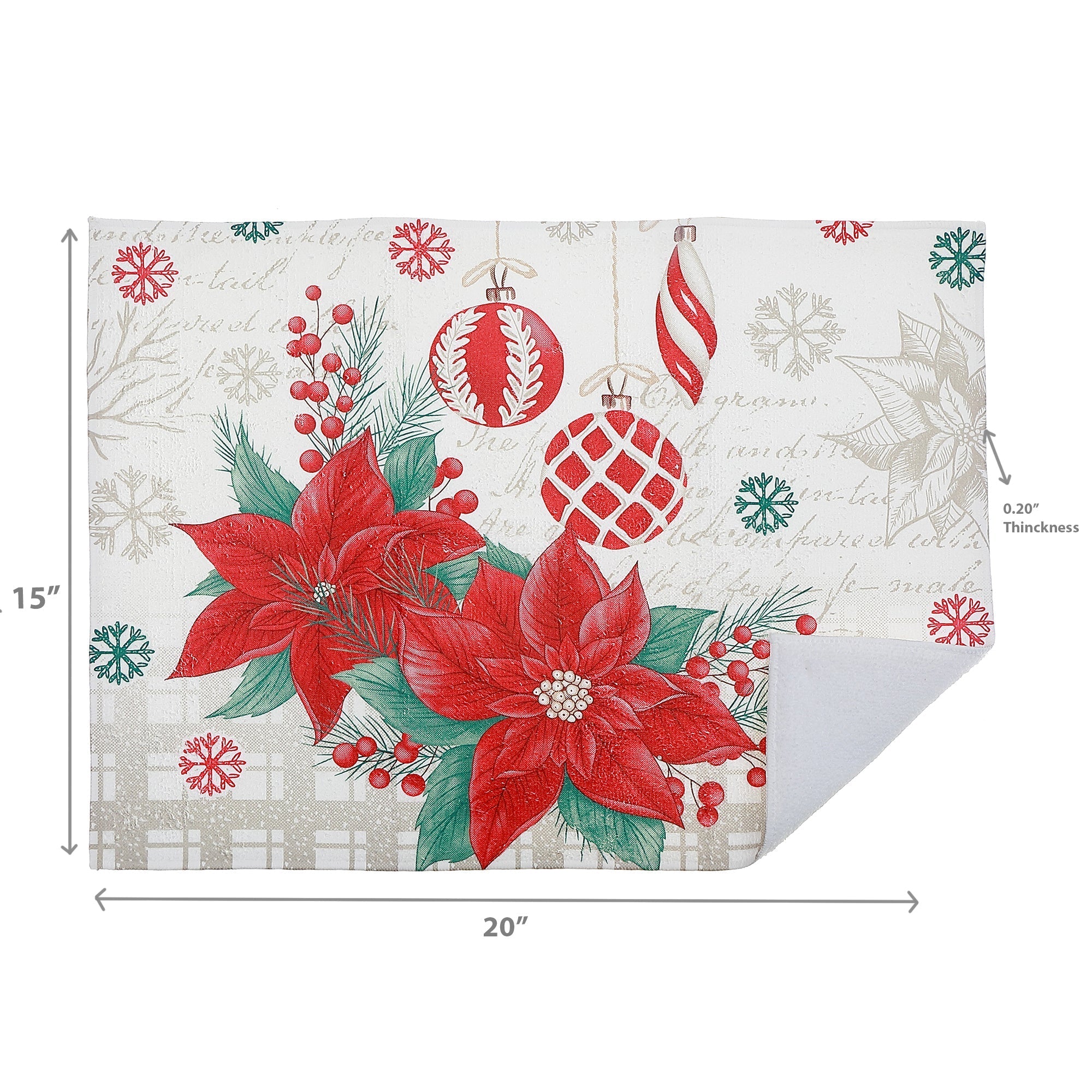 Microfibre Drying Mat Set of 2 Poinsettia with Ornaments – Christmas Kitchen Linen, Holiday Counter Accessory, Festive Dish Drying Mat