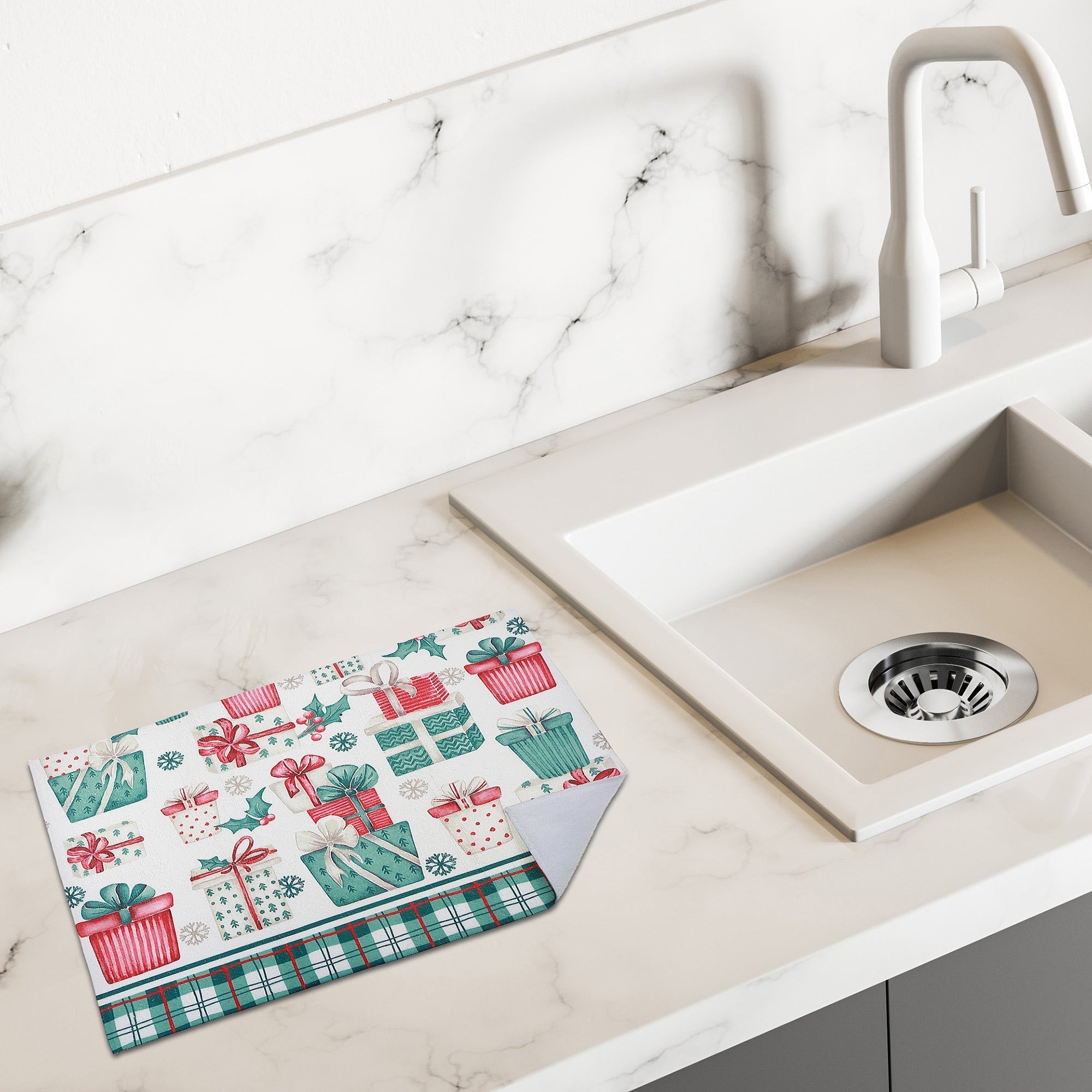 Microfibre Drying Mat Set of 2 Presents – Christmas Kitchen Linen, Holiday Counter Accessory, Festive Dish Drying Mat