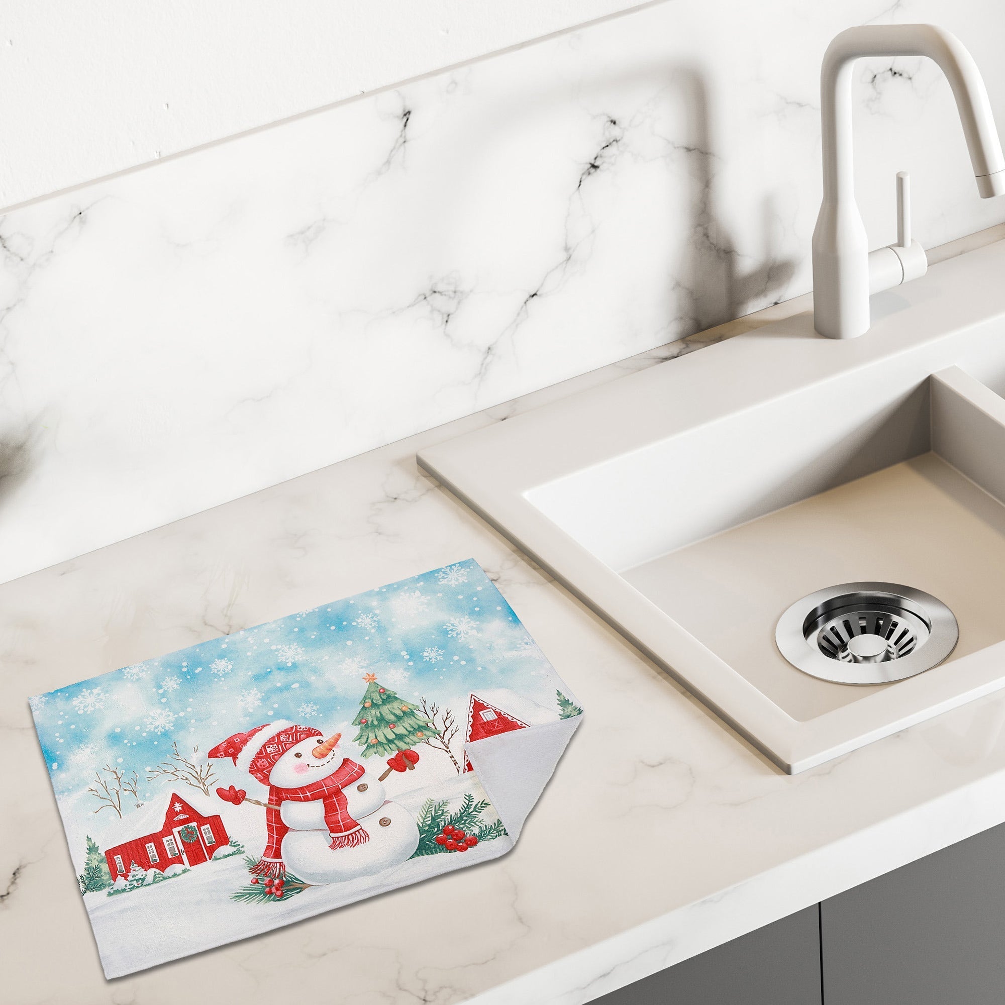 Microfibre Drying Mat Set of 2 Snowman – Christmas Kitchen Linen, Holiday Counter Accessory, Festive Dish Drying Mat
