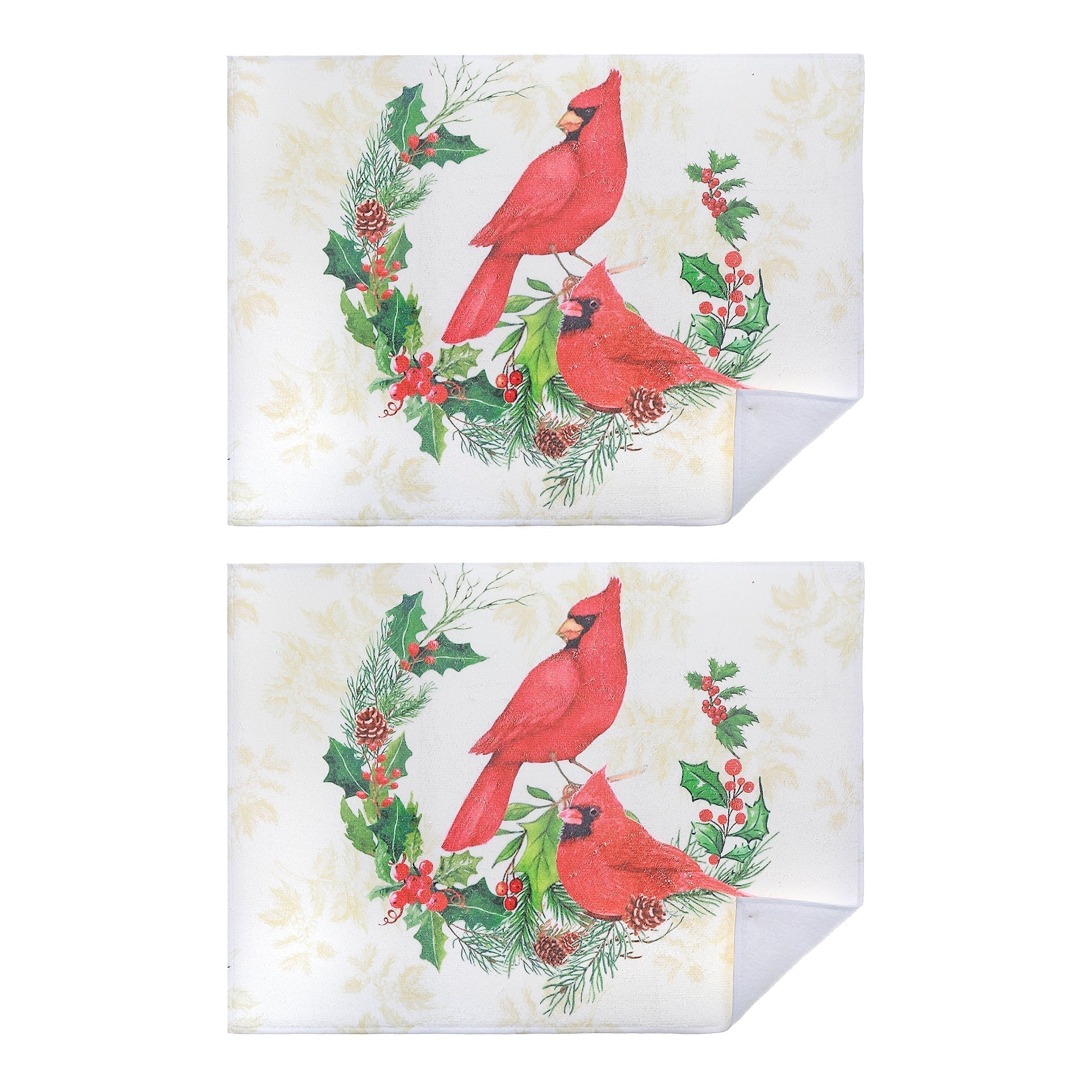 Microfibre Drying Mat Set of 2 Cardinals on Wreath – Christmas Kitchen Linen, Holiday Counter Accessory, Festive Dish Drying Mat