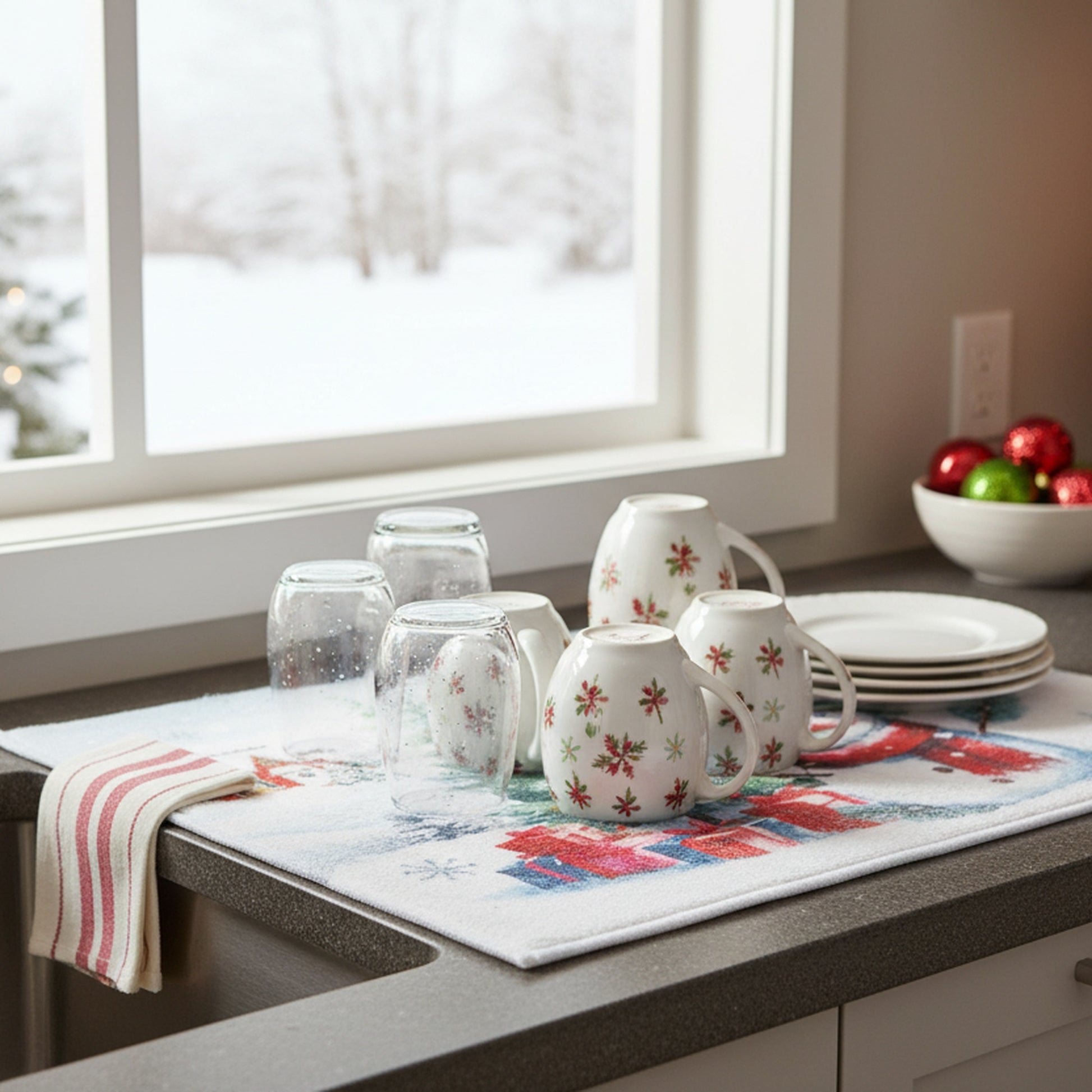 Microfiber Drying Mat Snowman with Tree, Christmas, Kitchen Towel, Holiday Decor- Set of 2