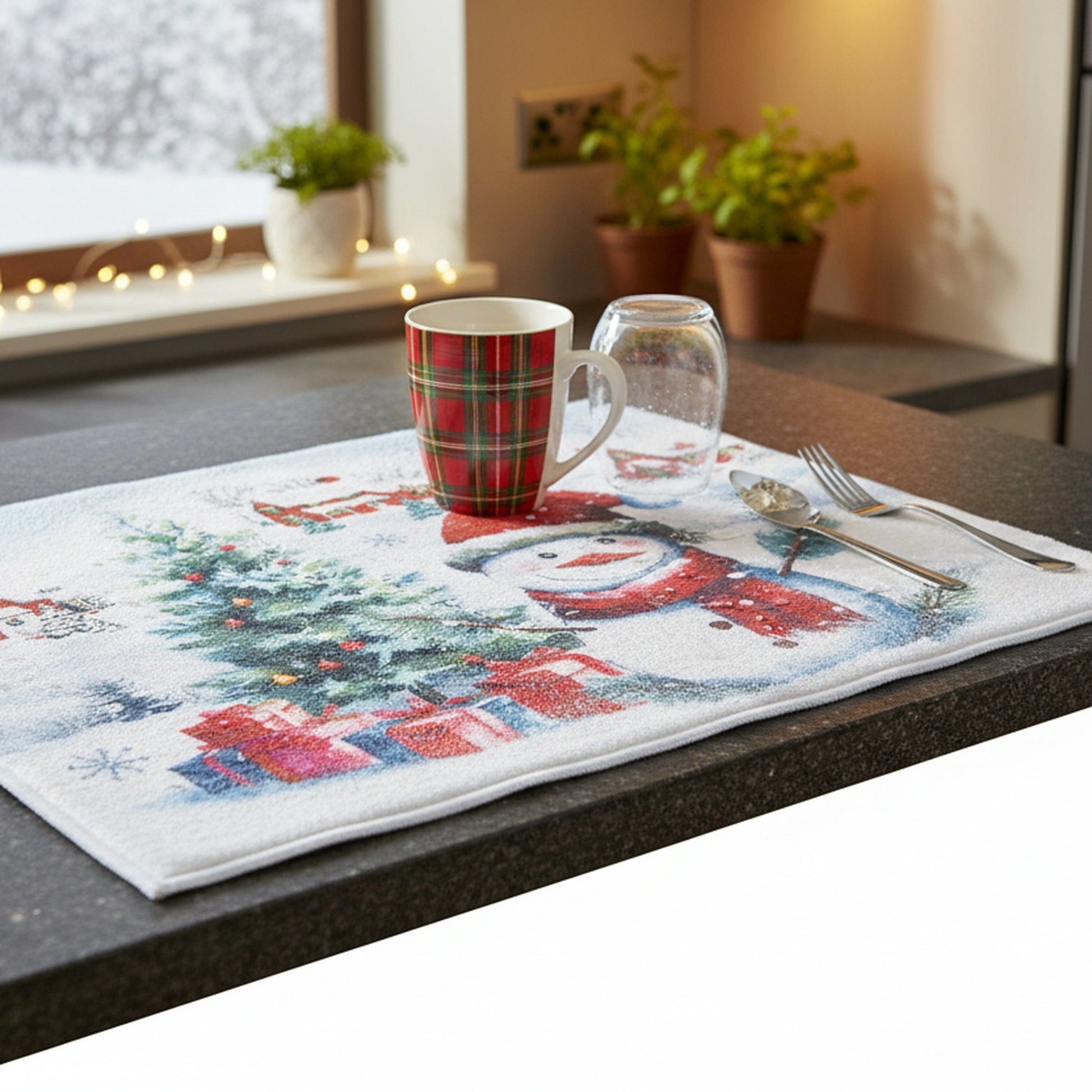 Microfiber Drying Mat Snowman with Tree, Christmas, Kitchen Towel, Holiday Decor- Set of 2