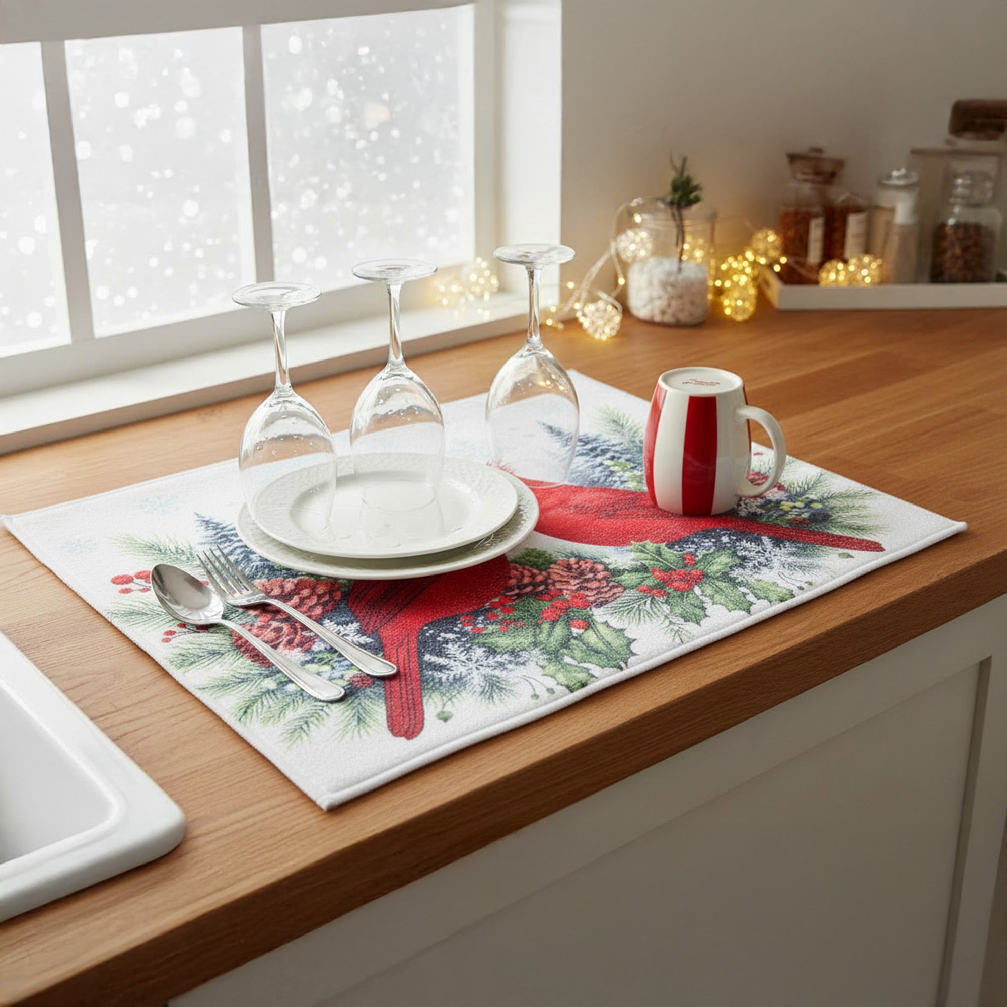 Microfiber Drying Mat Double Cardinal, Christmas, Kitchen Towel, Holiday Decor- Set of 2
