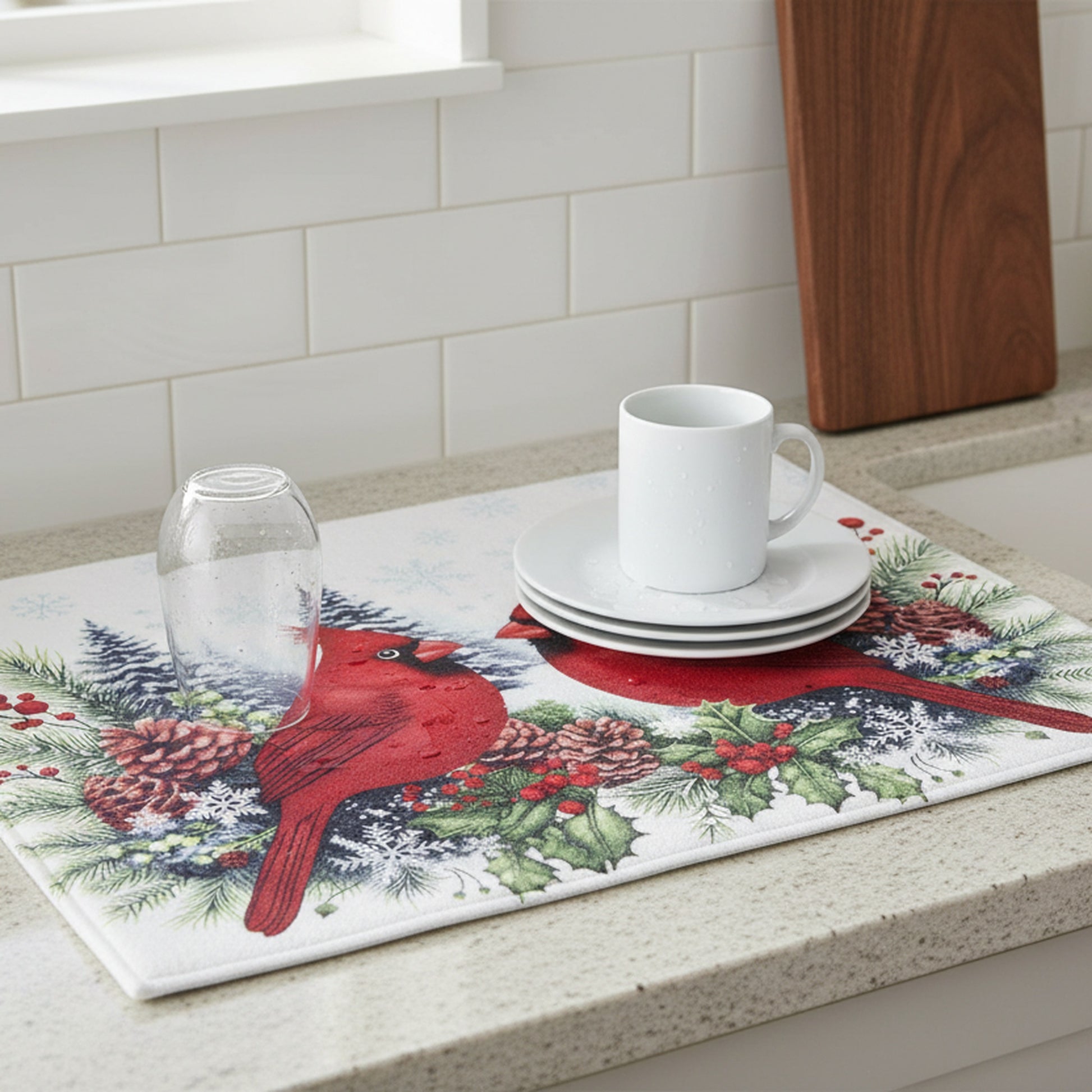 Microfiber Drying Mat Double Cardinal, Christmas, Kitchen Towel, Holiday Decor- Set of 2