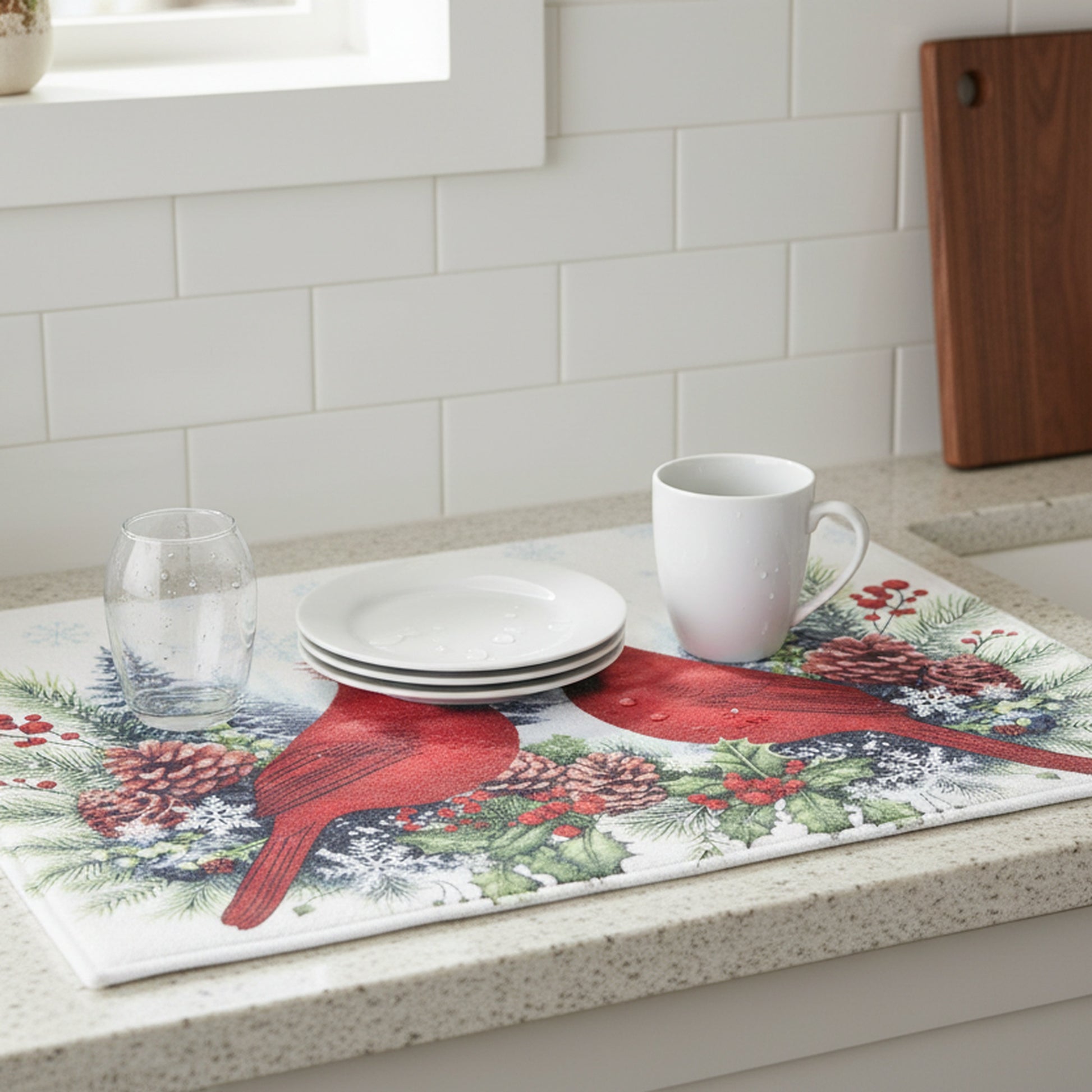 Microfiber Drying Mat Double Cardinal, Christmas, Kitchen Towel, Holiday Decor- Set of 2