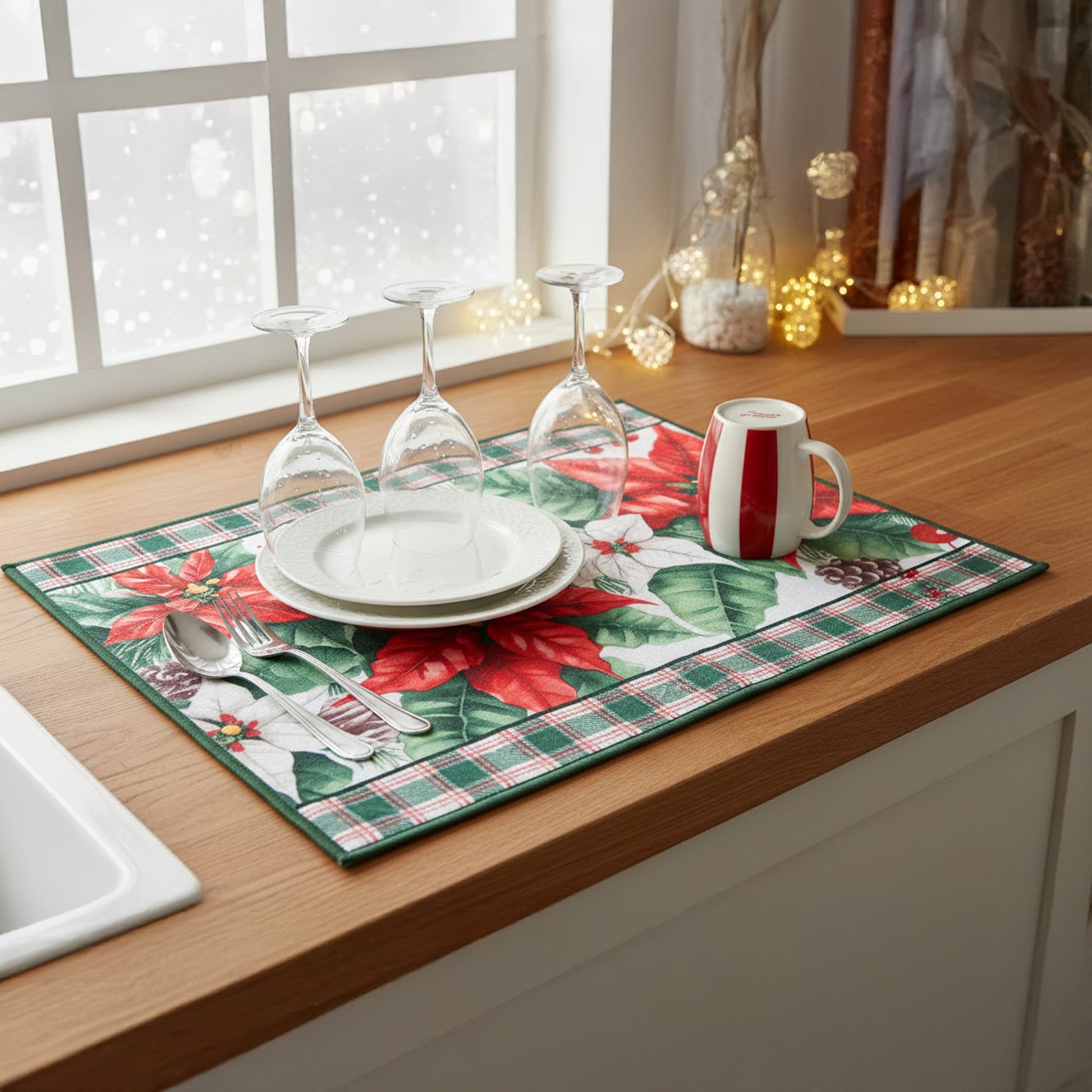 Microfiber Drying Mat Blooming Poinsettia, Christmas, Kitchen Towel, Holiday Decor- Set of 2