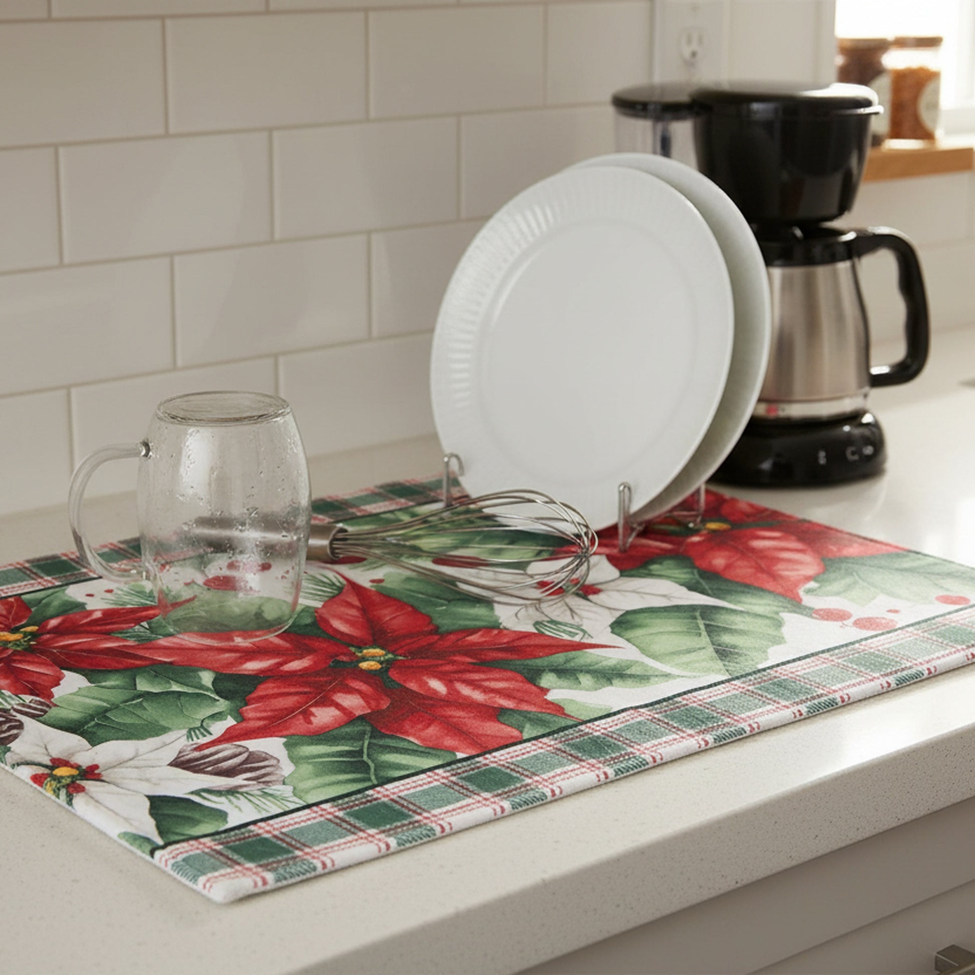 Microfiber Drying Mat Blooming Poinsettia, Christmas, Kitchen Towel, Holiday Decor- Set of 2