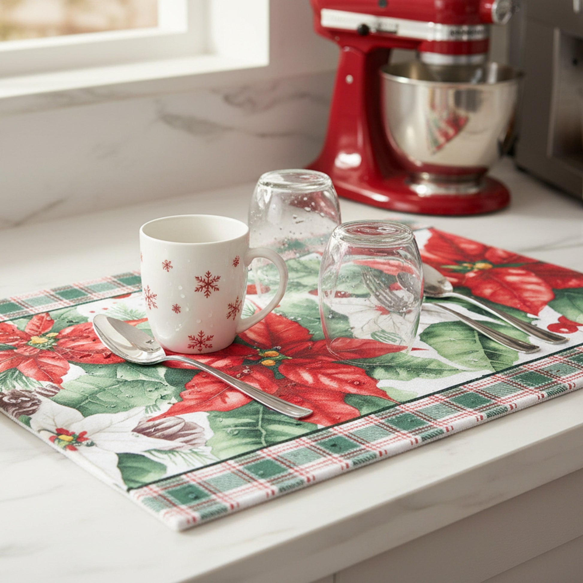 Microfiber Drying Mat Blooming Poinsettia, Christmas, Kitchen Towel, Holiday Decor- Set of 2